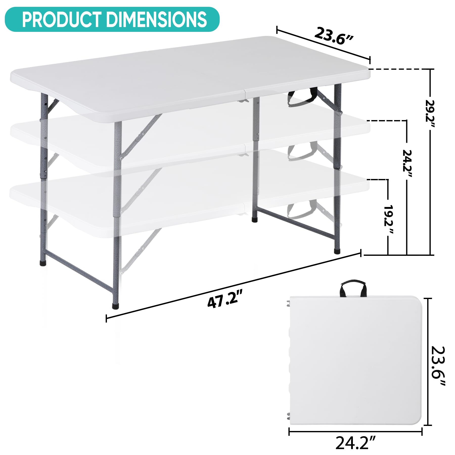 Zenstyle 4 Ft Adjustable Folding Table, Indoor Outdoor Portable Plastic Dining Card Table Utility Table For Camping Dining Event Party, White (48'X24', Rectangular)
