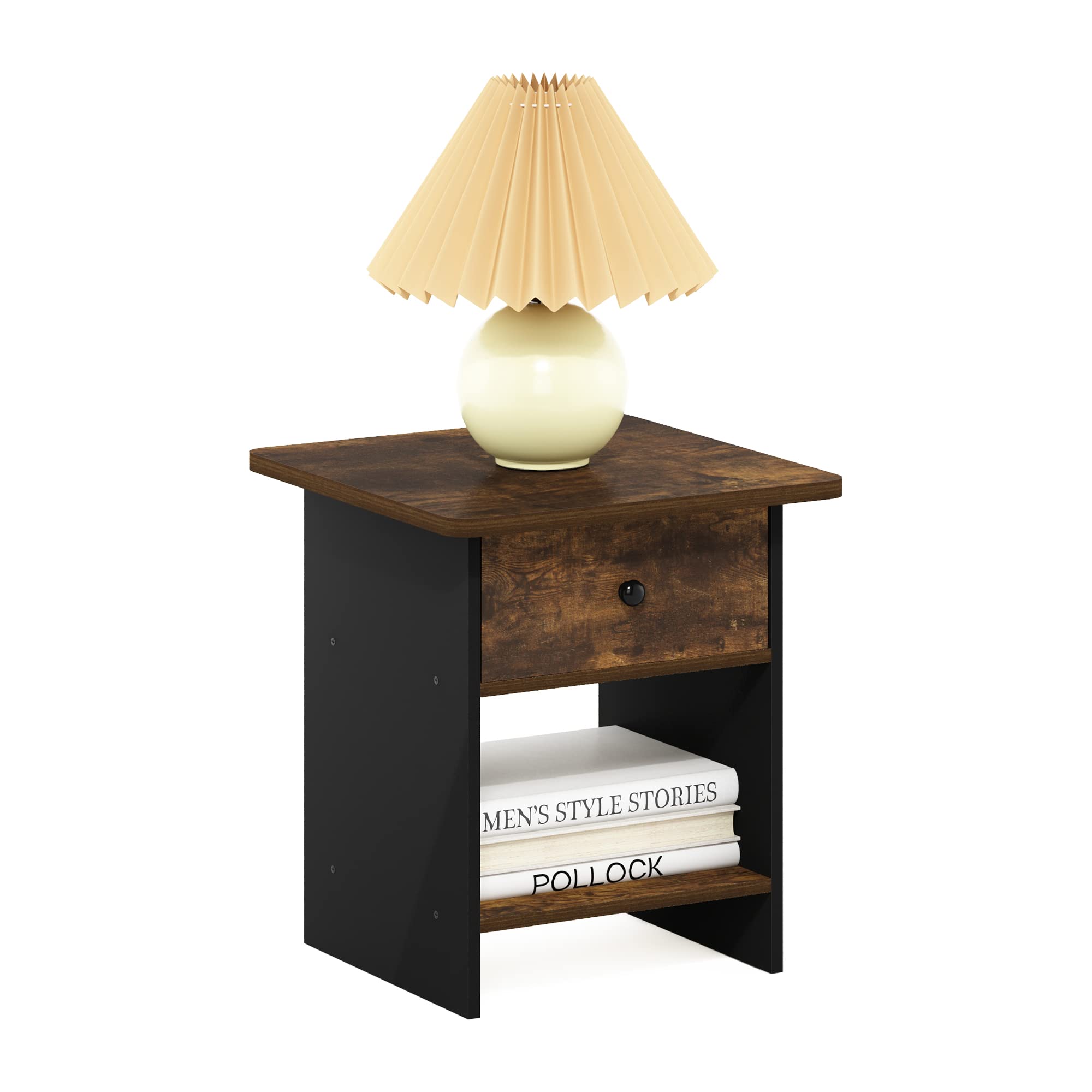 Furinno Dario End Table/ Night Stand Storage Shelf with Bin Drawer, Amber Pine/Black, 1-Pack, Upper Bin