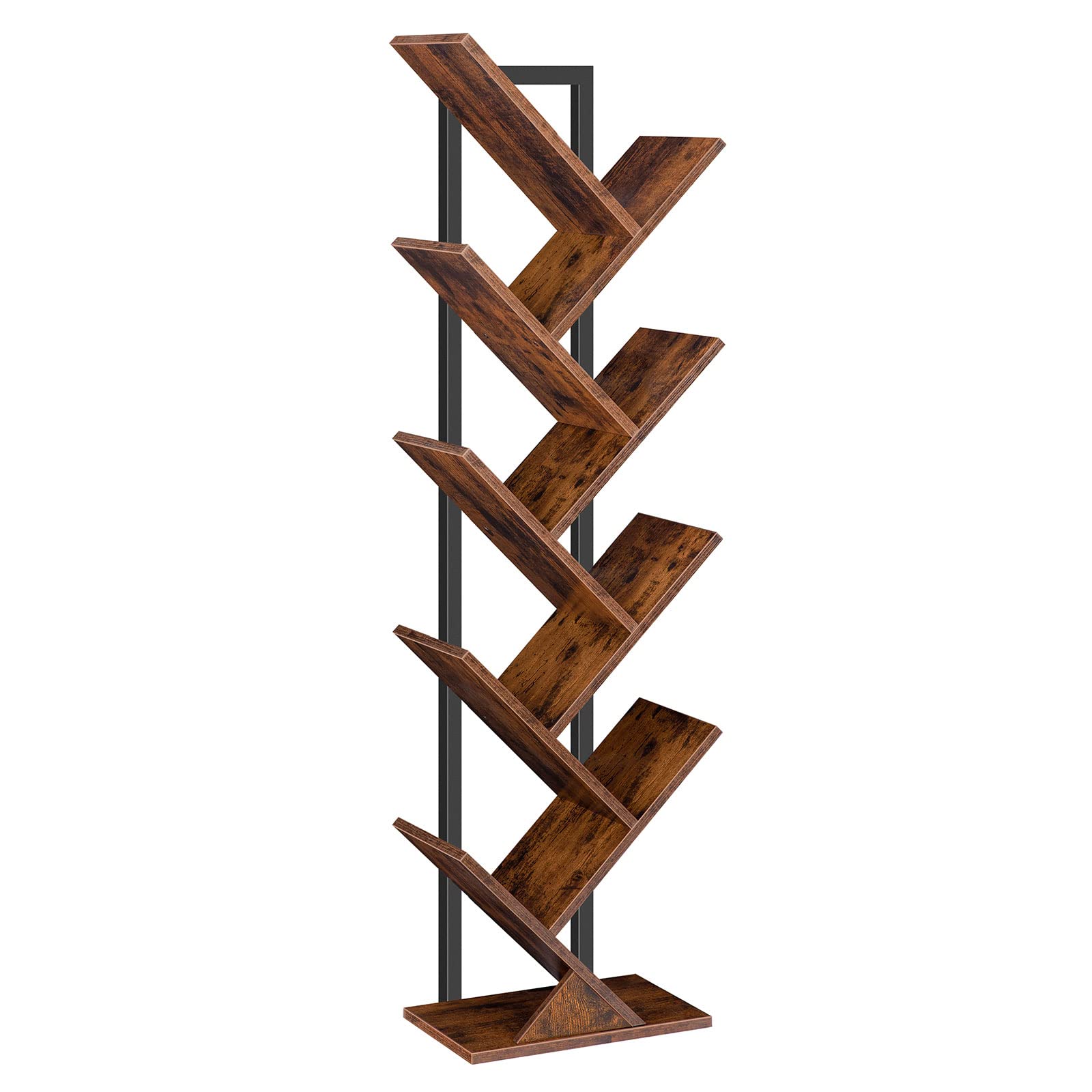 Hoobro Tree Bookshelf, 9-Tier Bookcase Wooden Shelves, Floor Standing Storage Rack, For Display Of Cds, Books In Living Room, Home Office, Wood Storage Rack For Bedroom, Rustic Brown Bf08Sj01G1