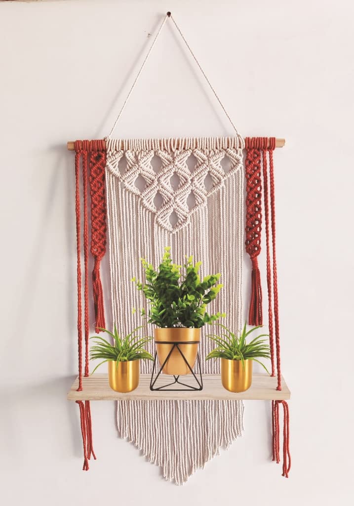 Acn Kohinoor | Colourful Macrame Wall Hanging Shelf For Home Decor | Boho Floating Wooden Shelf, Decorative Book Organizer For G