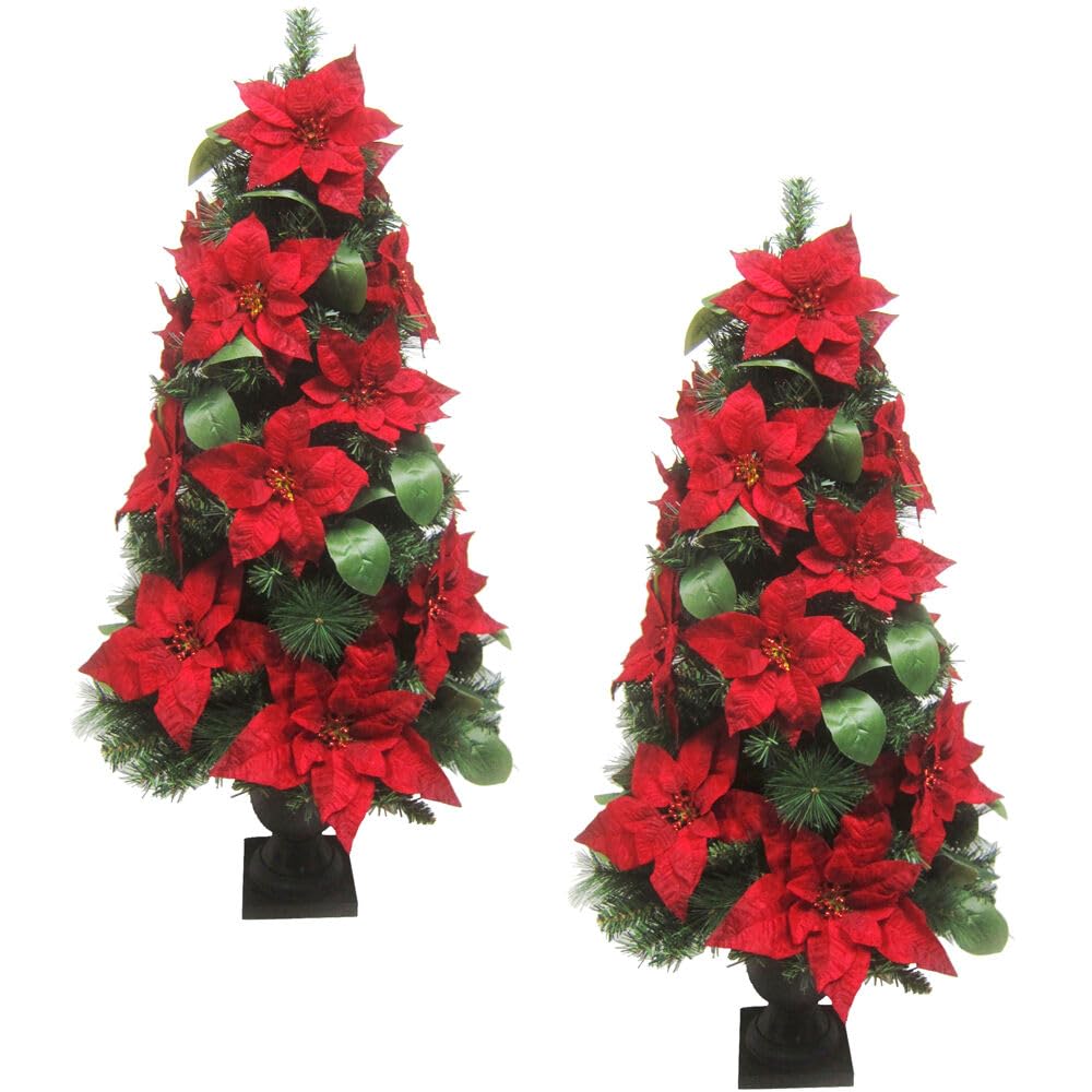 Fraser Hill Farm 4-Ft. Small Christmas Trees With Velvet Poinsettia Blooms And Leaf Accents, Set Of 2 Traditional And Festive Xmas Trees For Porch, Entryway, And Hearth