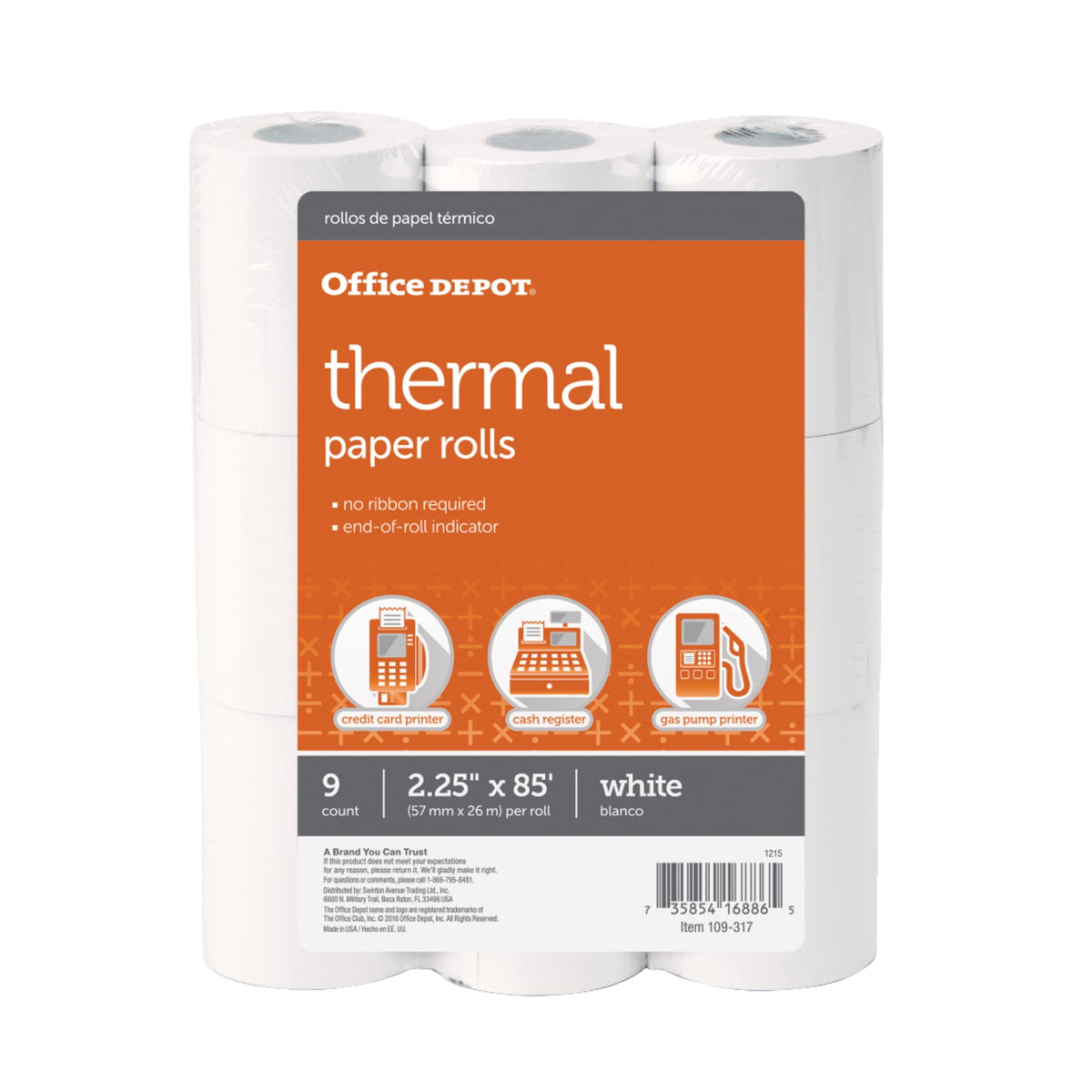 Office Depot Thermal Paper Rolls, 2 1/4In. X 85Ft., White, Pack Of 9, 109317