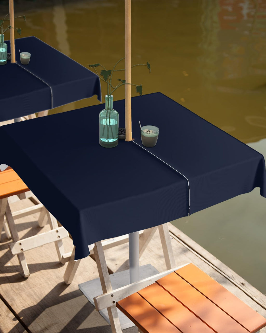Queenker Dark Blue Outdoor Tablecloth With Umbrella Hole And Zipper, Solid Color Table Cover For Square Tables Waterproof Tablet