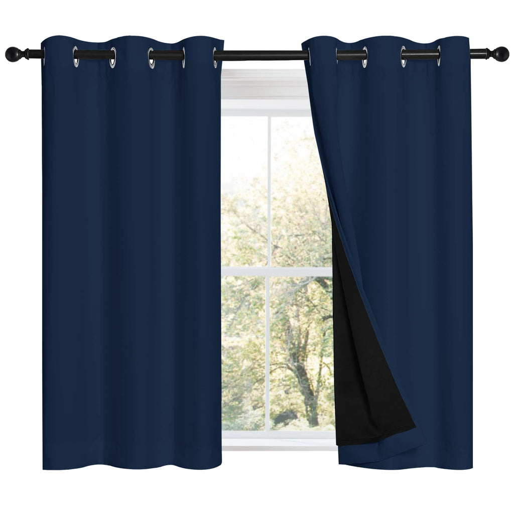 Nicetown Navy 100% Blackout Curtains 45 Inch Long 2 Panels Set, Thermal Insulated 2-Layer Lined Drapes, Energy Efficiency Small