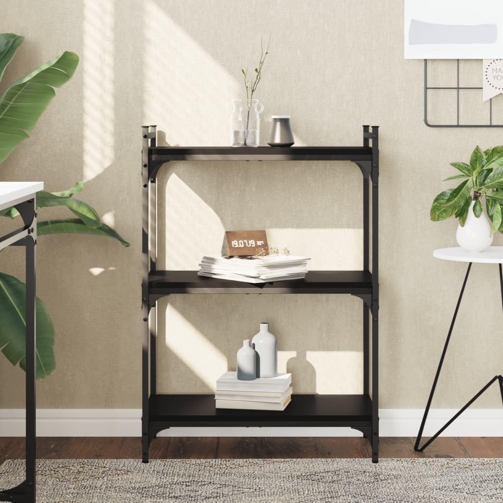 vidaXL 3-Tier Bookcase in Industrial Style- Engineered Wood and Metal Black Bookshelf with Adjustable Feet- Book Organizer for Home/Office