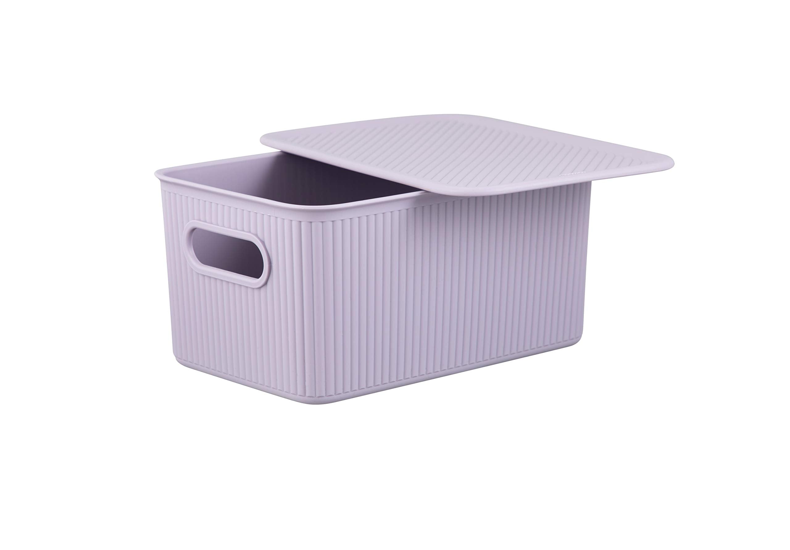 Superio Ribbed Collection - Decorative Plastic Lidded Home Storage Bins Organizer Baskets, Medium Lilac Purple (1 Pack - 5 Liter