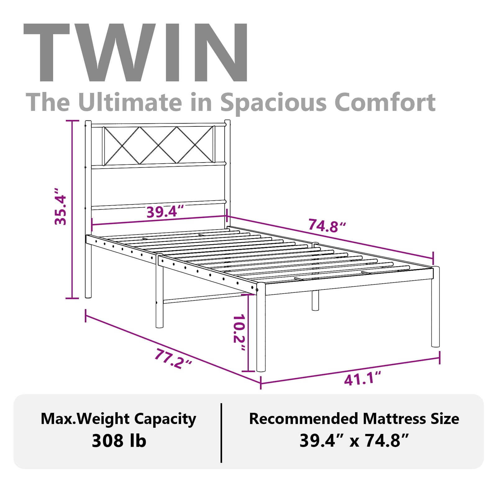 vidaXL 12'' Twin Metal Bed Frames with Headboard, Platform Bed Frame with Strong Metal Slats Support, Under Bed Storage, Noise Free, White, Without Mattress