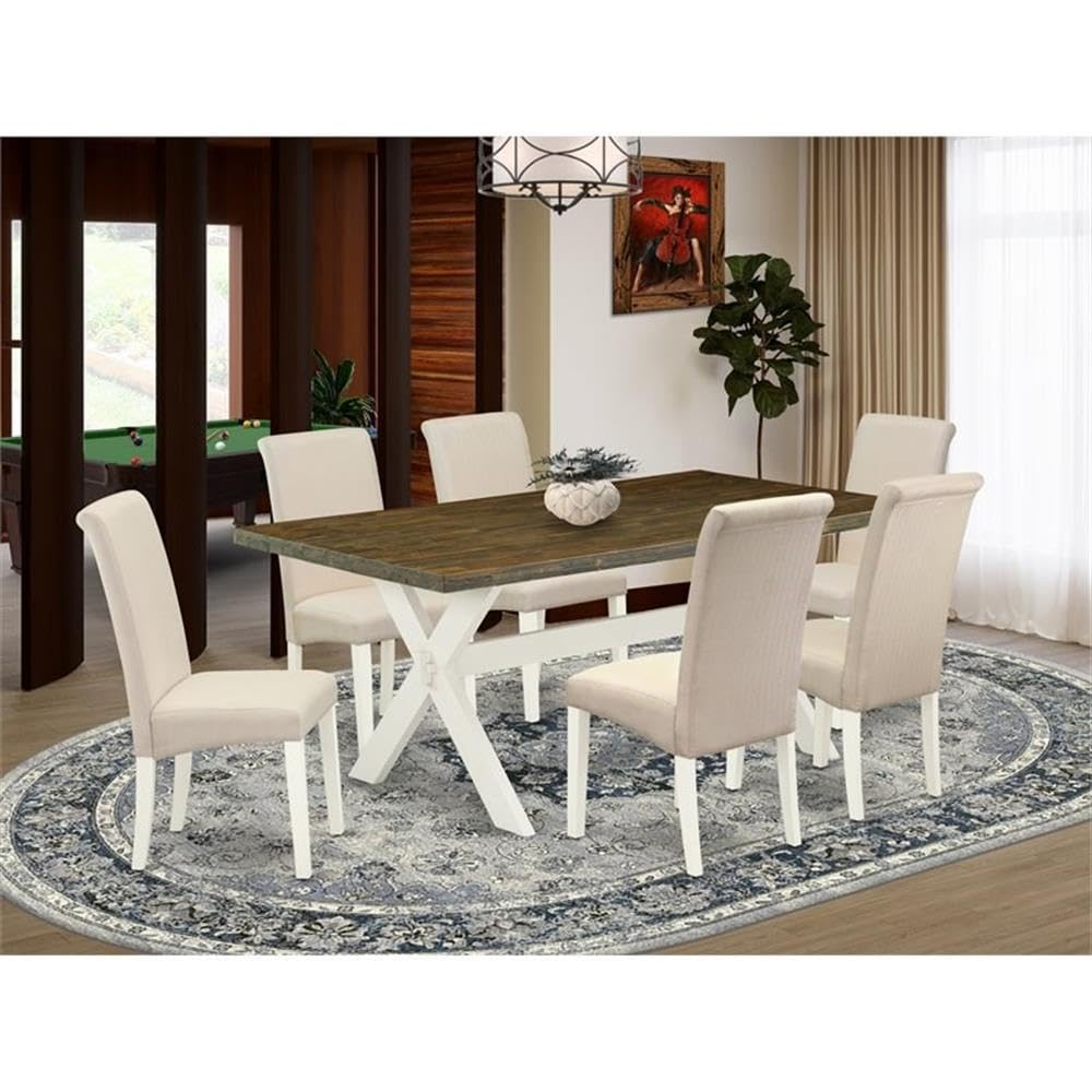 East West Furniture X077Ba201-7 7 Piece Dinette Set Consist Of A Rectangle Dining Room Table With X-Legs And 6 Cream Linen Fabric Upholstered Parson Chairs, 40X72 Inch, Multi-Color