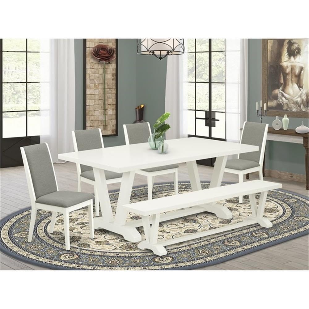 East West Furniture V-Style 6 Piece Set Contains A Rectangle Dining Room Table With V-Legs And 4 Shitake Linen Fabric Parson Chairs With A Bench, 40X72 Inch, V027La206-6