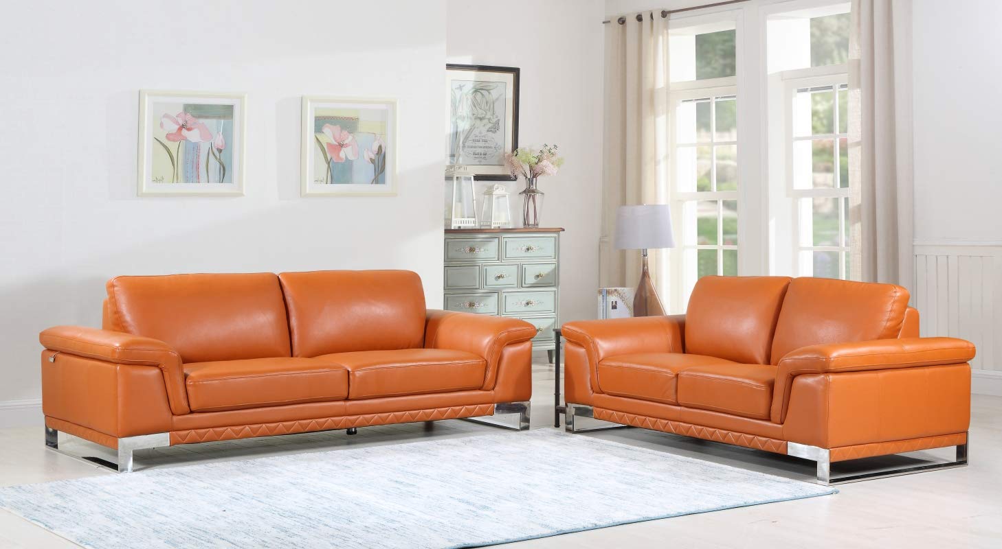 HomeRoots 73" X 39" X 32" Modern Camel Leather Sofa and Loveseat - Thumbnail 2