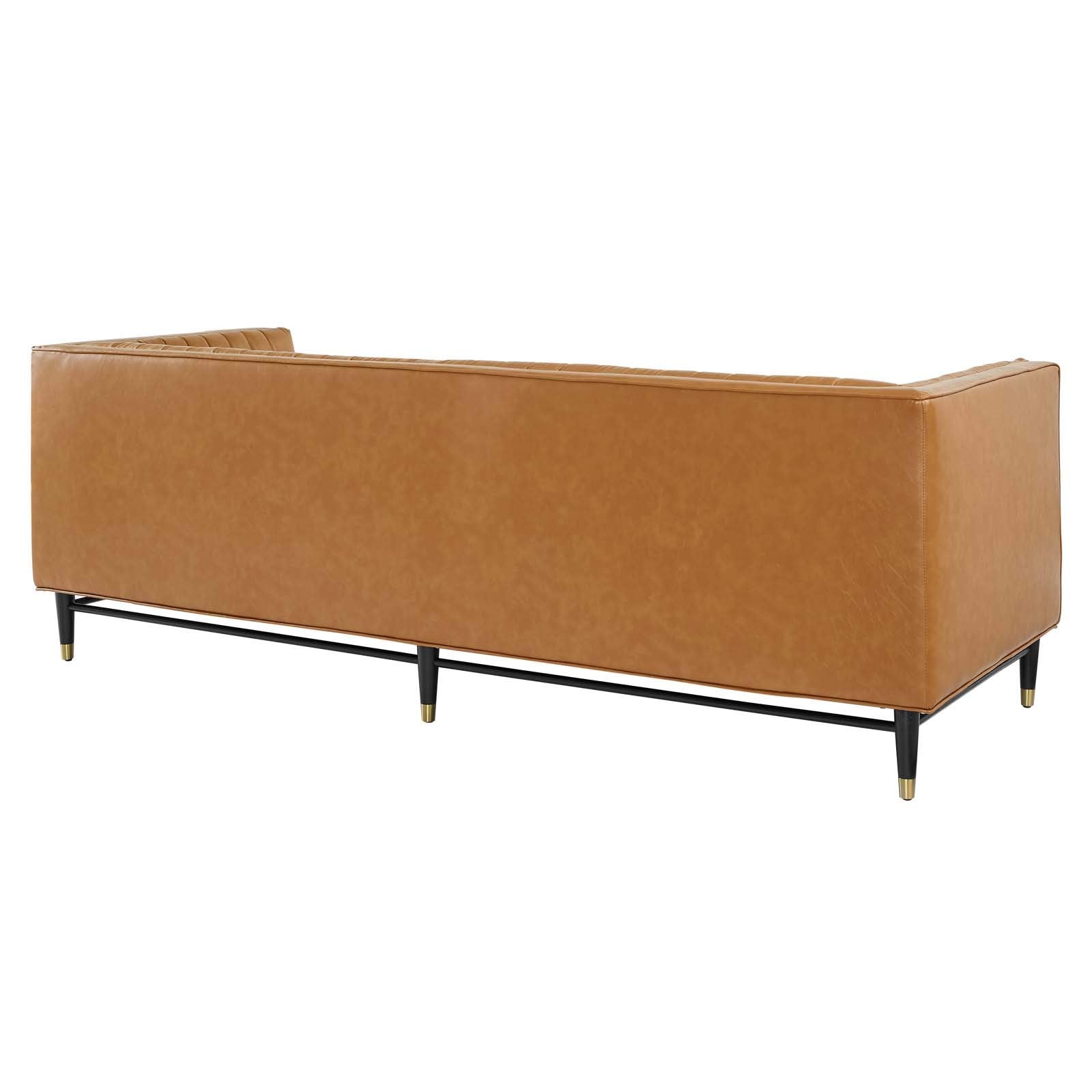 Modway Devote Tan Vegan Leather Sofa - Channel Tufted Design, Stylish Small Sofa for Living Room, Modern Home Furniture