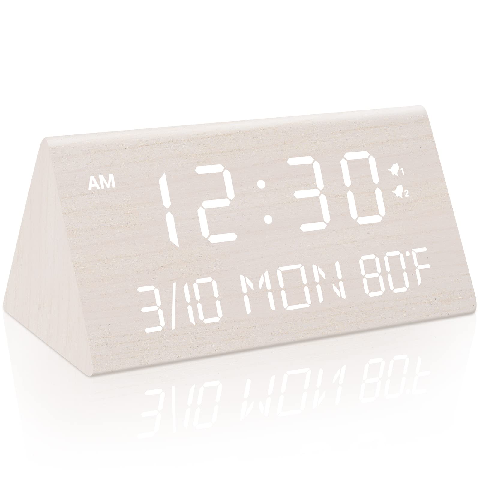 Kogonee Wooden Digital Alarm Clock, 0-100% Dimmer, 2 Alarm Settings, Weekday/Everyday Mode, 9 Mins Snooze, 12/24H, Temperature a