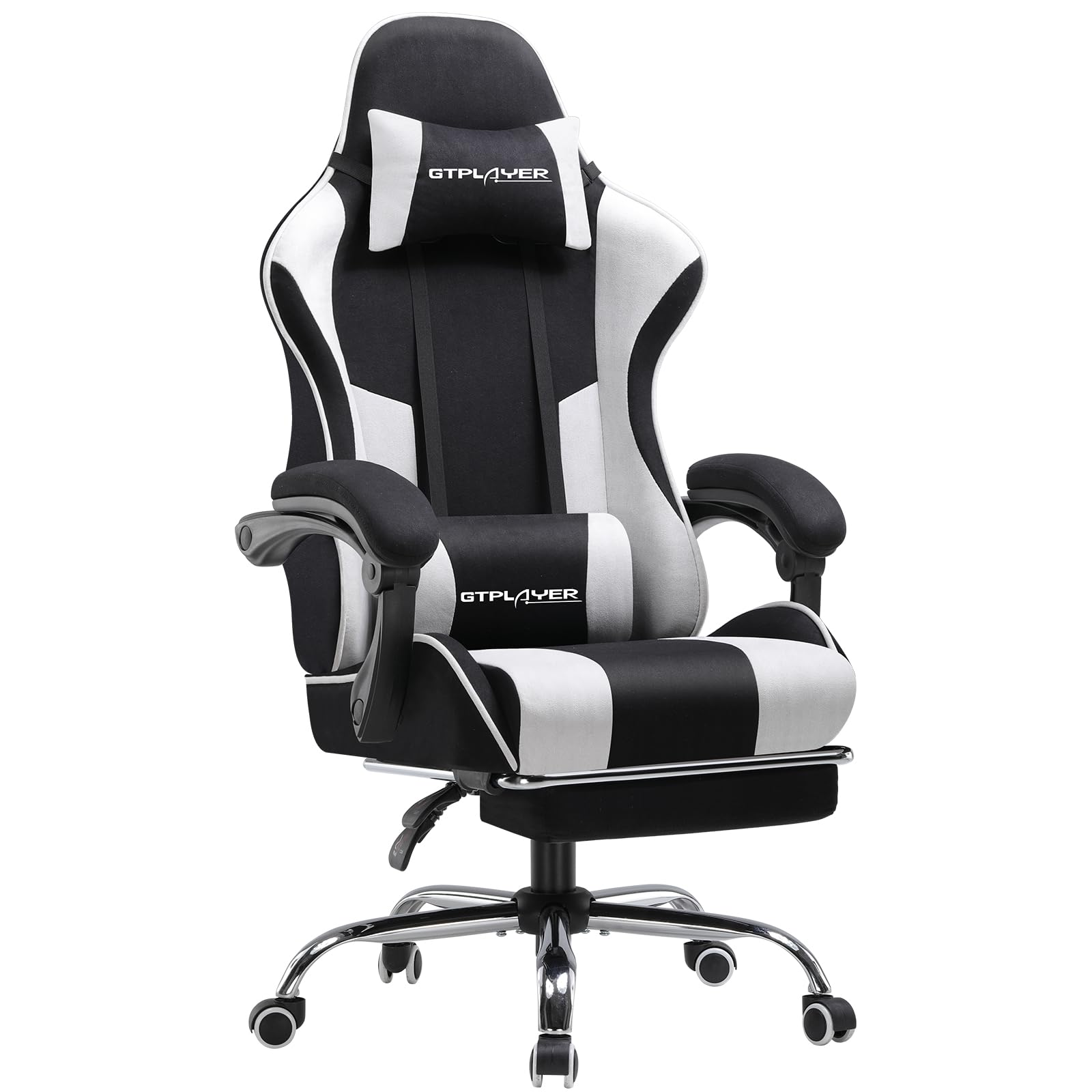 Gtplayer Gaming Chair, Computer Chair With Footrest And Lumbar Support, Height Adjustable Game Chair With 360°-Swivel Seat And Headrest And For Office Or Gaming (Fabric, Black & Light Gray)