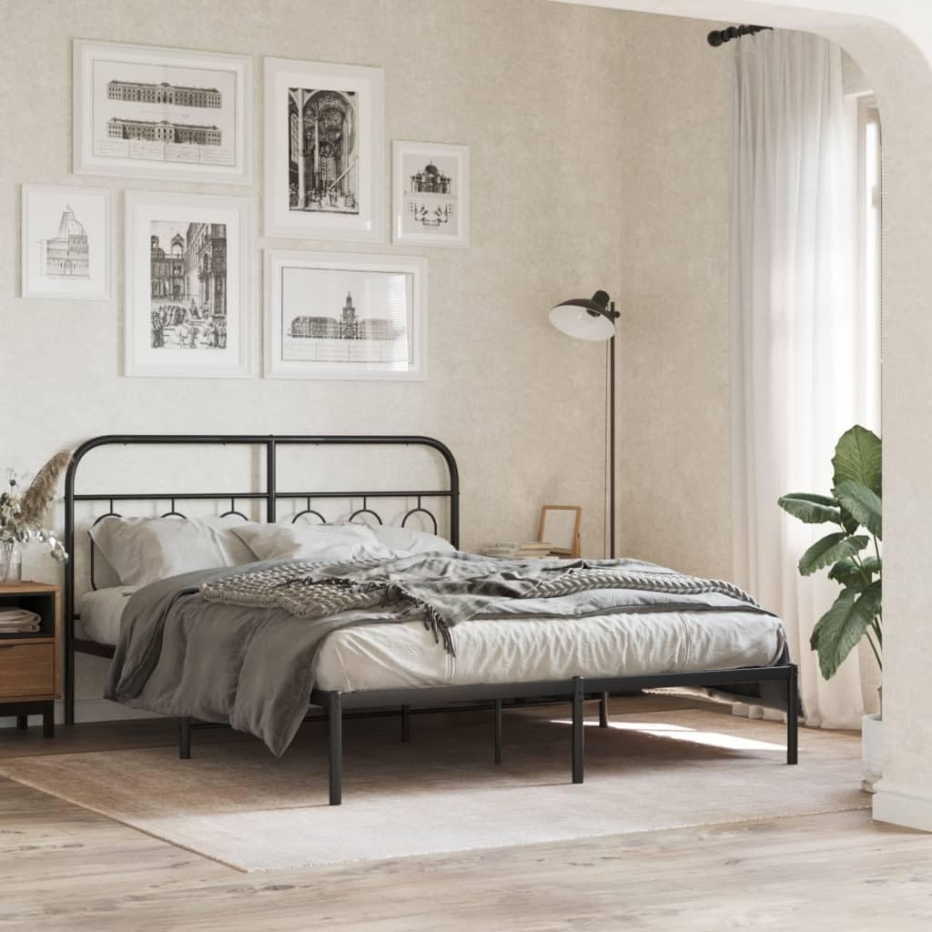 vidaXL Metal Bed Frame with Headboard - Black Double Bed | Vinyl slats & Legs | Extra Storage 81.5"x61.4"x39.4"