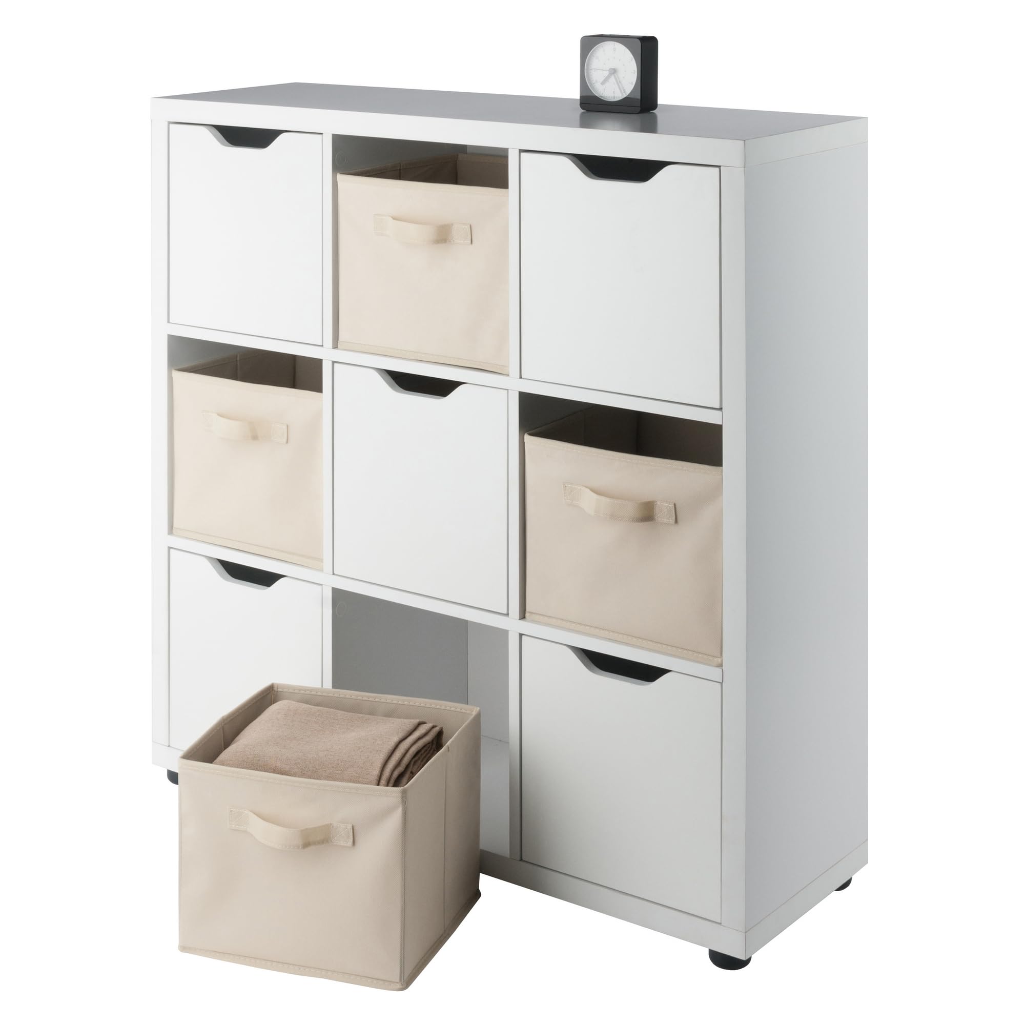 Winsome Julian 3x3 Storage Cabinet Set, for Living Room, Home Office, White, with 4 Beige Baskets