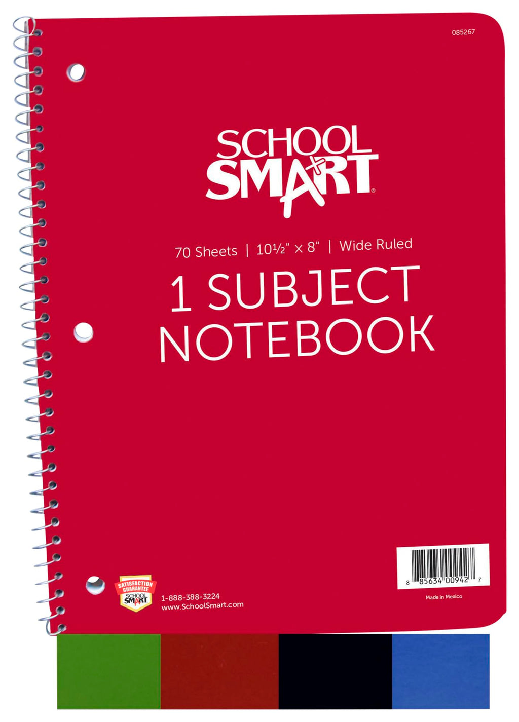 School Smart Spiral Wide Ruled Notebook, 8 X 10-1/2 Inches