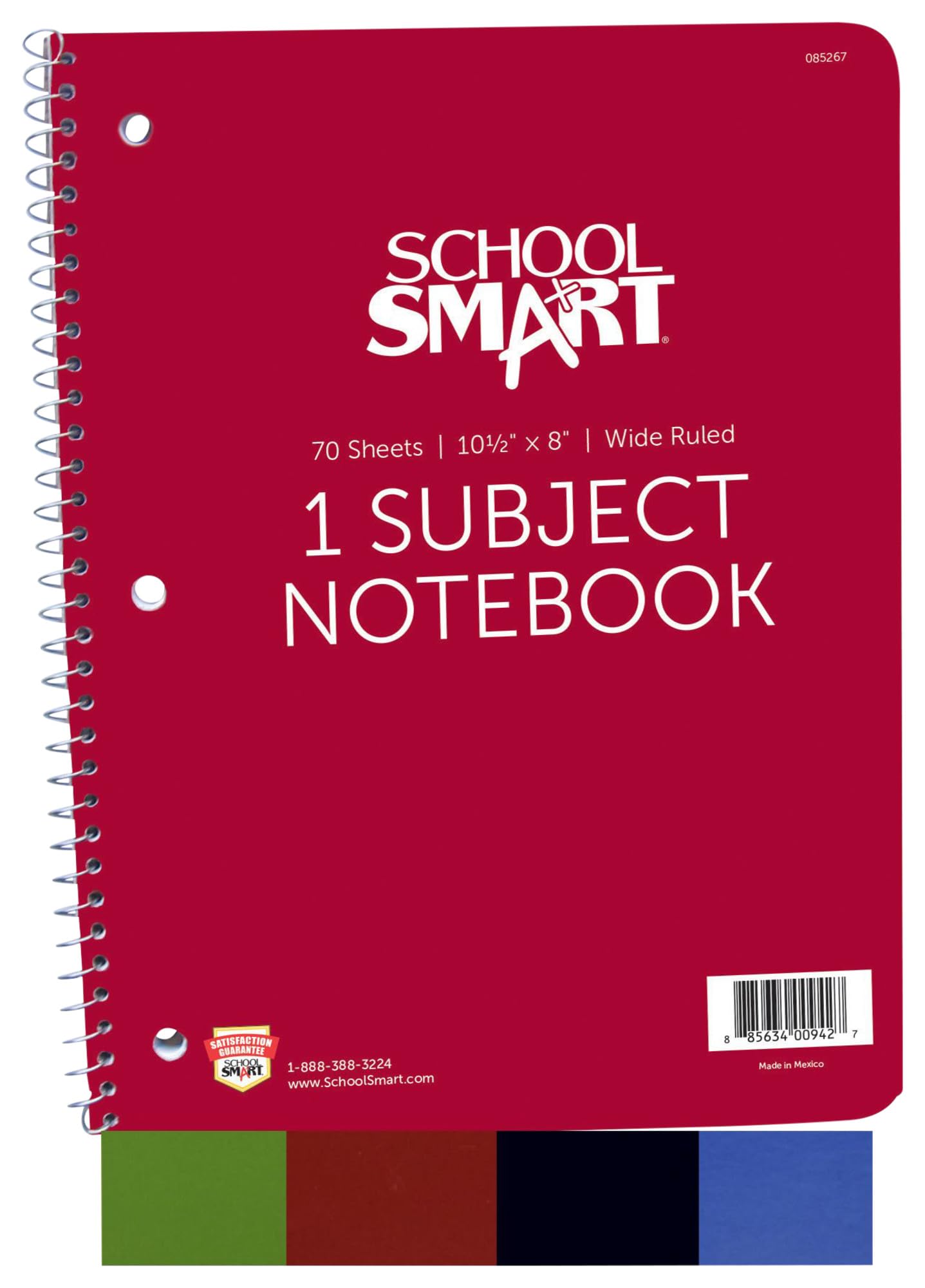 School Smart Spiral Wide Ruled Notebook, 8 X 10-1/2 Inches