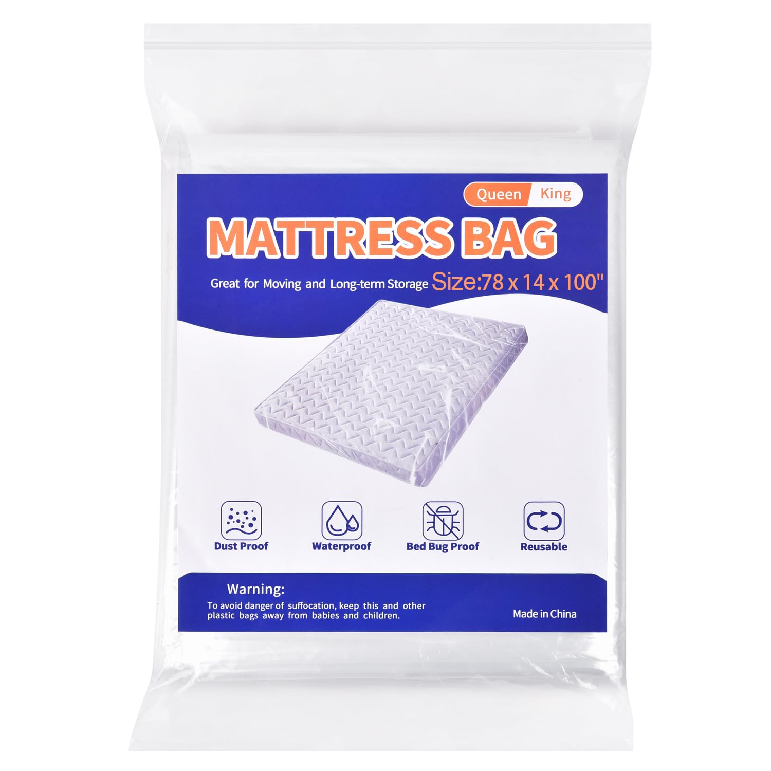 Mattress Bag For Moving Storage - Plastic Mattress Protector Cover, Queen And King Size (1Pack, Queen/King)