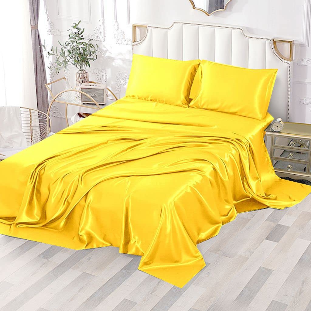 Sfoothome Silky Satin Sheets, 3-Pieces Twin Size Satin Bed Sheet Set With Deep Pockets, Cooling Satin Sheets Twin - Yellow