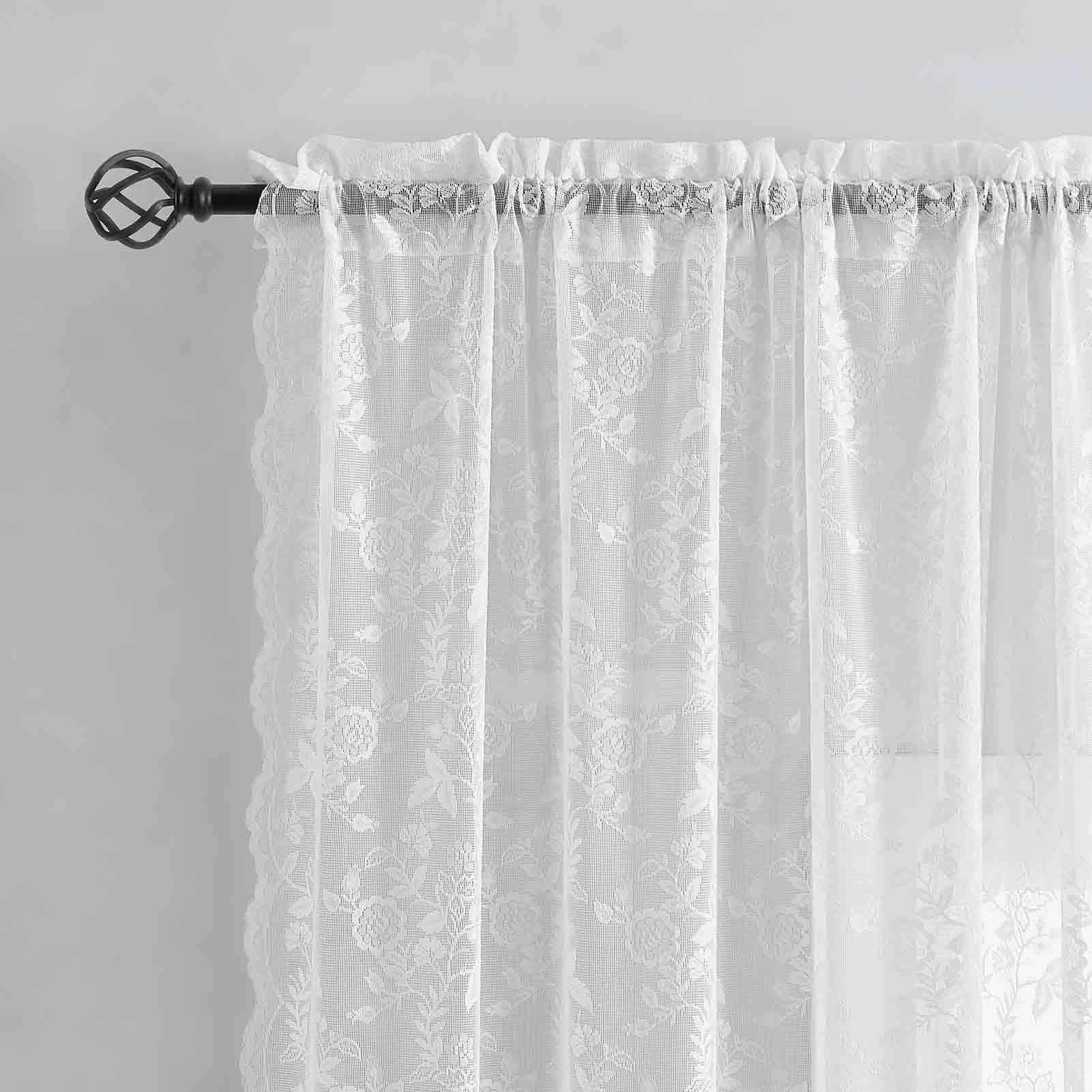 Finecity White Lace Curtains 90 Inch Length For Bedroom, Country Leaf Floral Knitted Sheer Lace Curtains 2 Panels Set, Rod Pocke