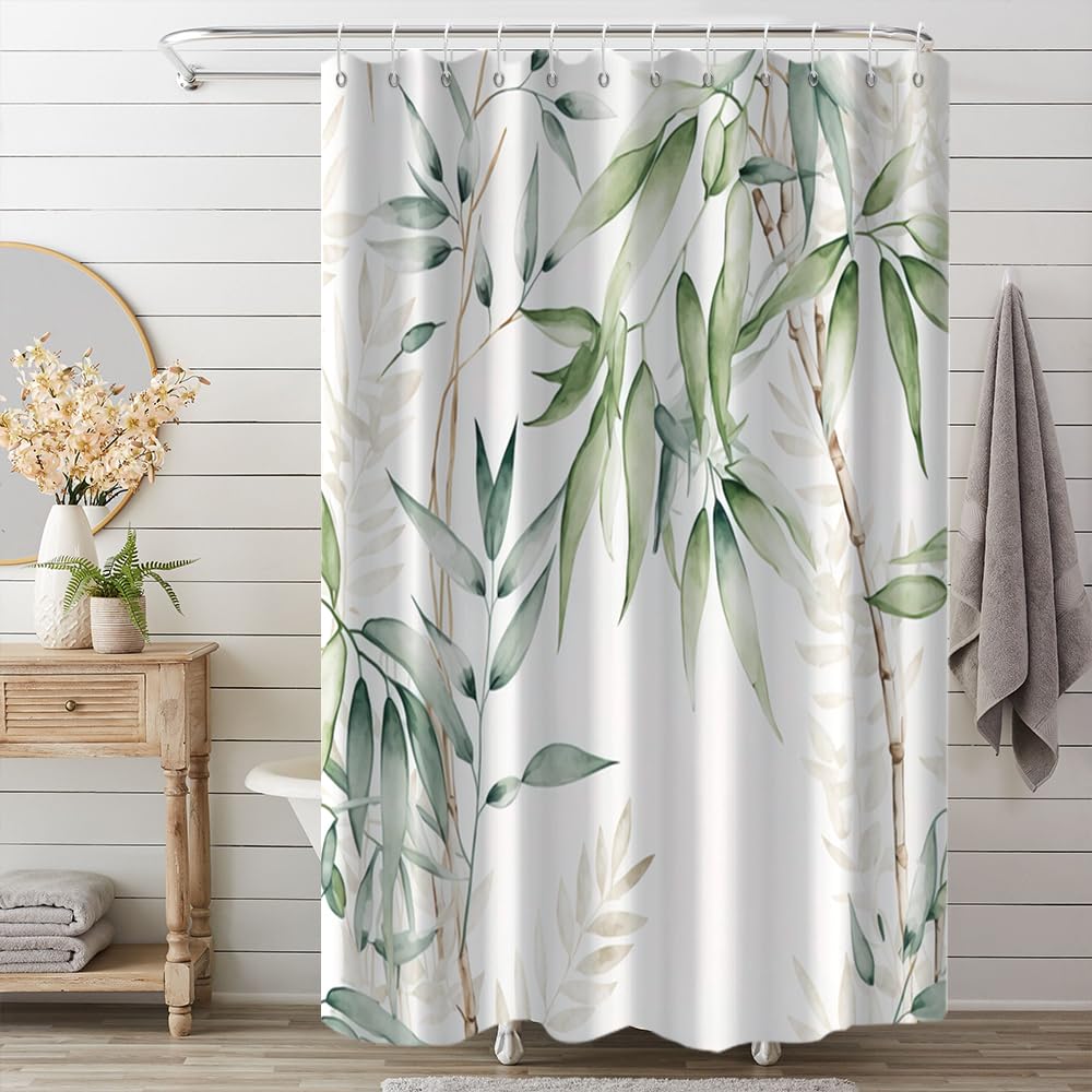 Ruelvth Green Bamboo Shower Curtain, Watercolor Green Leaves Shower Curtain For Bathroom Waterproof Fabric Spring Botanical Show