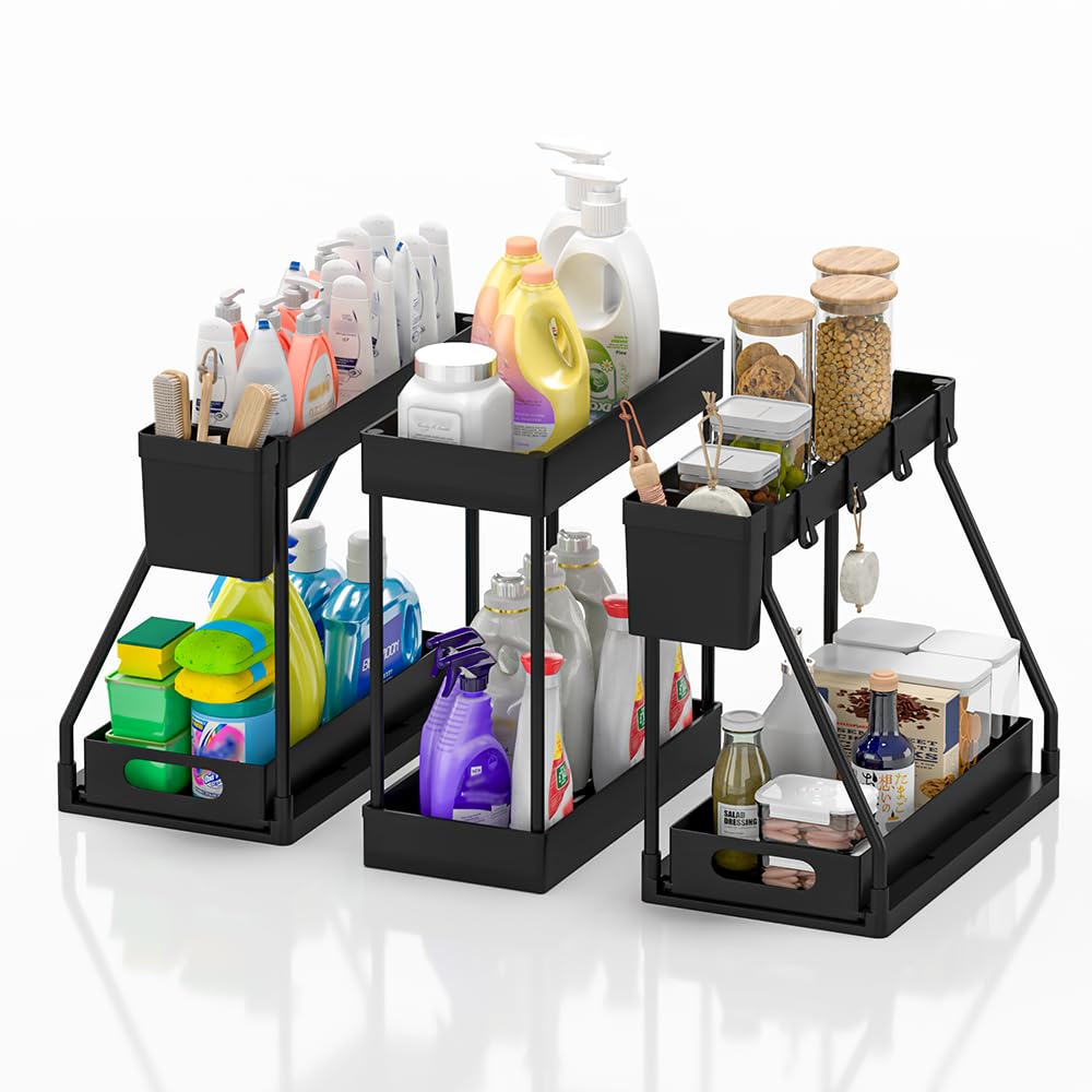 Pougny 3Pc Under Sink Organizer Rack 2 Tier Under Sliding Cabinet Basket Organizer Drawer, MultiPurpose Under Sink Storage For 