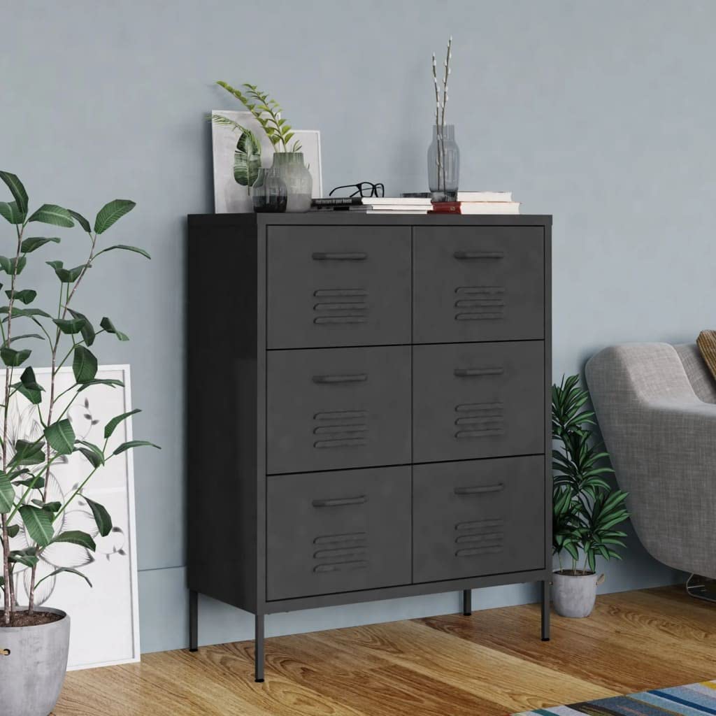 vidaXL Anthracite Drawer Cabinet - Industrial-Style Steel Storage Unit with 6 Drawers, Fully Extendable - Compact and Easy to Clean – 31.5"x13.8"x40"