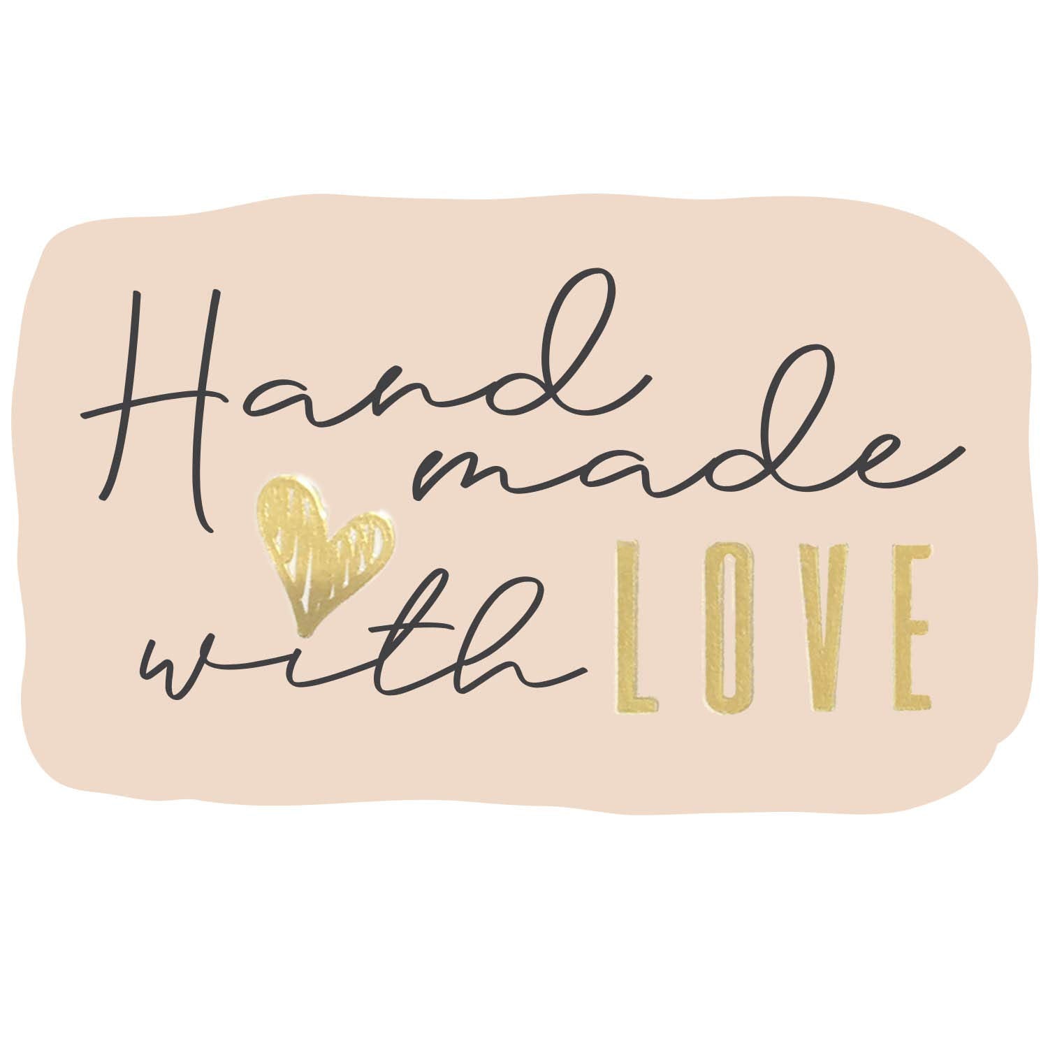 300 Handmade With Love Stickers In Sheets | 1.75' X 2.75' Special Cut Size | Typical Shape Design With Gold Foil And Light Pea