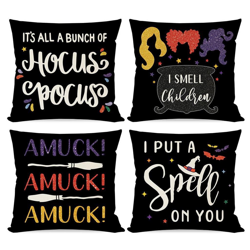 Pandicorn Halloween Hocus Pocus Pillow Covers 18X18 Set Of 4 For Fall Decorations, Sanderson Sisters Witches Brew Hat I Smell Ch