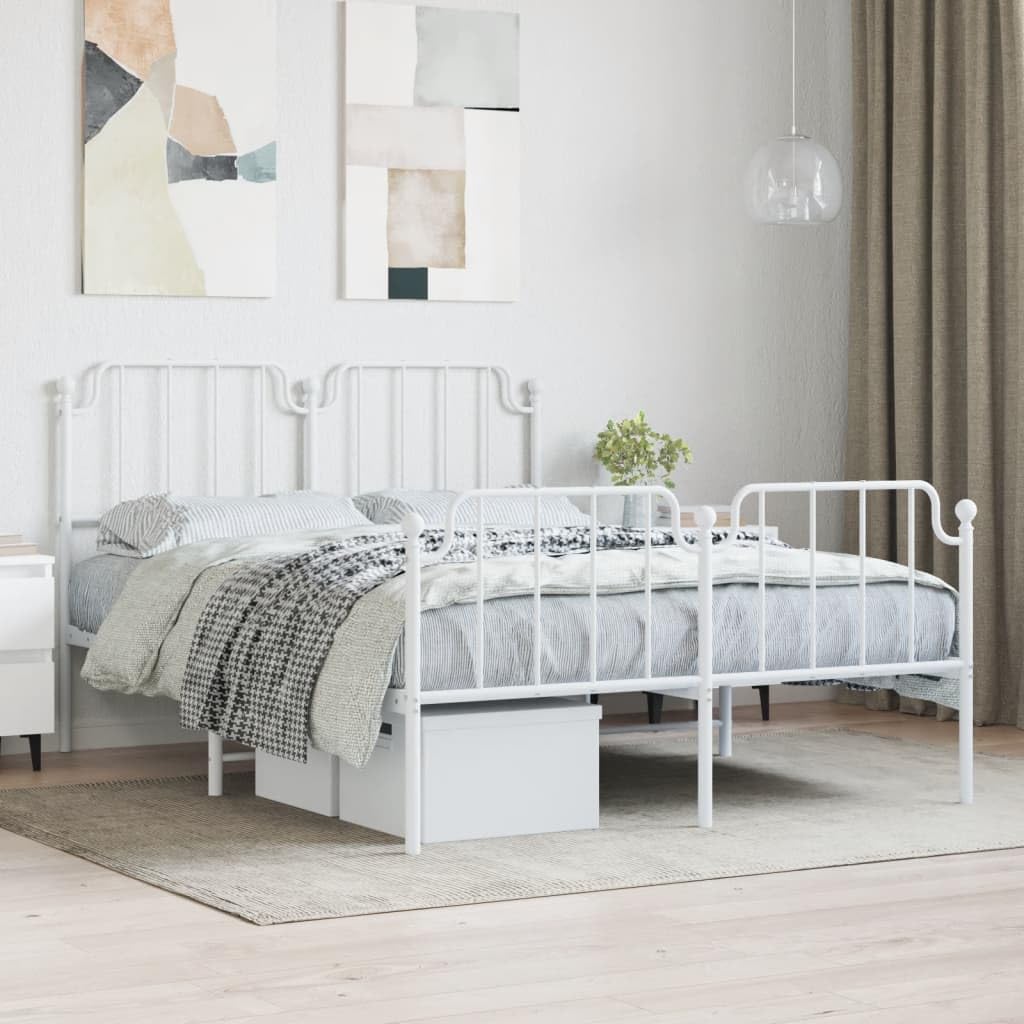 vidaXL Queen Metal Bed Frame with Headboard and Footboard, Under Bed Storage Space, Sturdy Steel Construction and Easy Assembly, Minimalist Style, White, 12'' High, Without Mattress