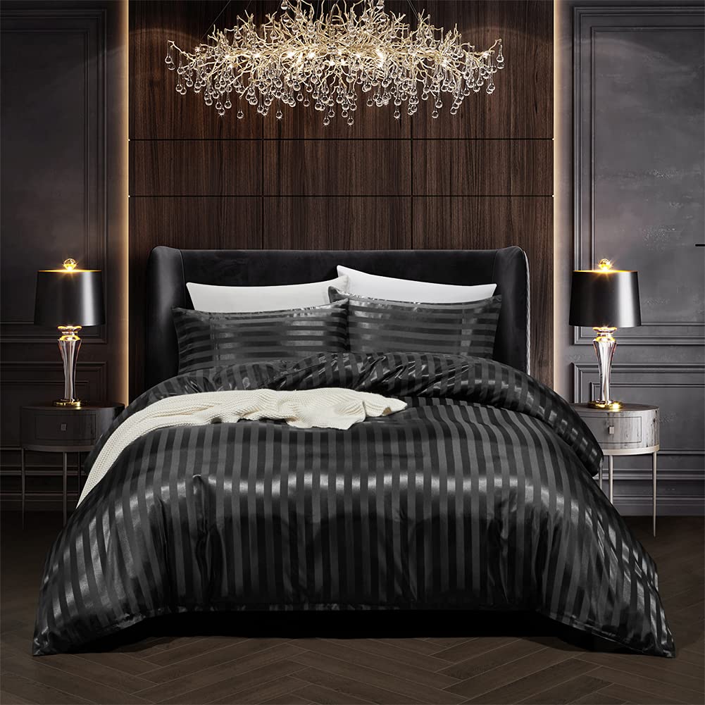 Revenrella 3 Piece Satin Duvet Cover Set Bedding Sets Italian Style 1800 Series Luxury Rich Silk Silky Super Soft Stripes Hidden