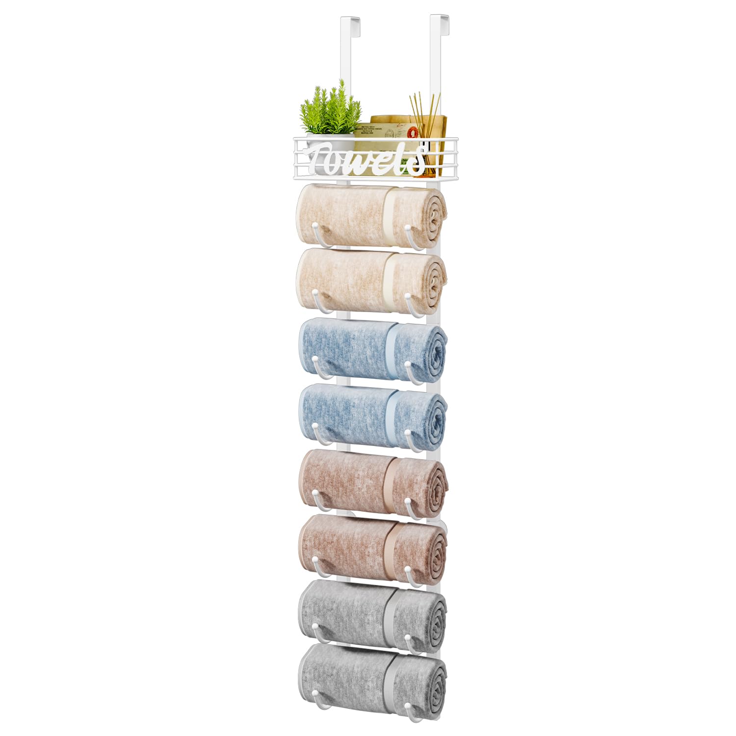 HapiRm Over Door Towel Racks - 9 Tier Over The Door Towel Racks for Bathroom, Wall Mounted Towel Holder with Metal Shelf, Rolled