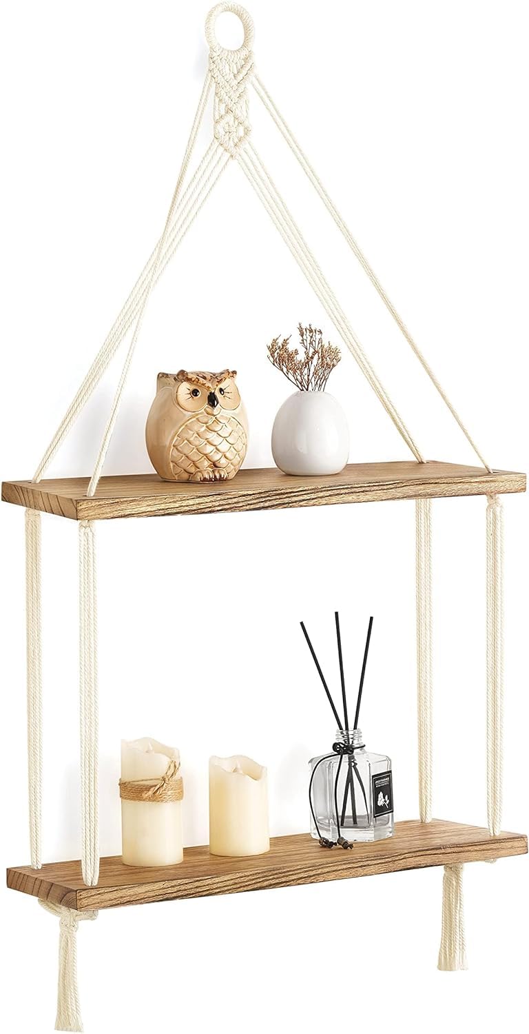 Inshreys Macrame Hanging Shelf Boho Wall Decor 2 Tier Handmade Cotton Rope Rustic Wood Floating Shelves Display Photos Plants Ha