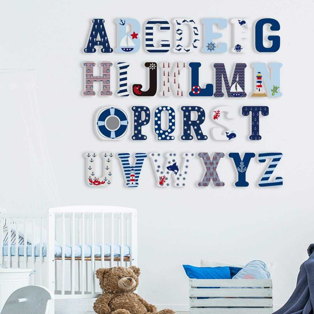 5.9'' High Diy English Letters Cartoon Marine Sailor Alphabet Decorative Wood Letters For Children Baby Name Girls Bedroom Weddi