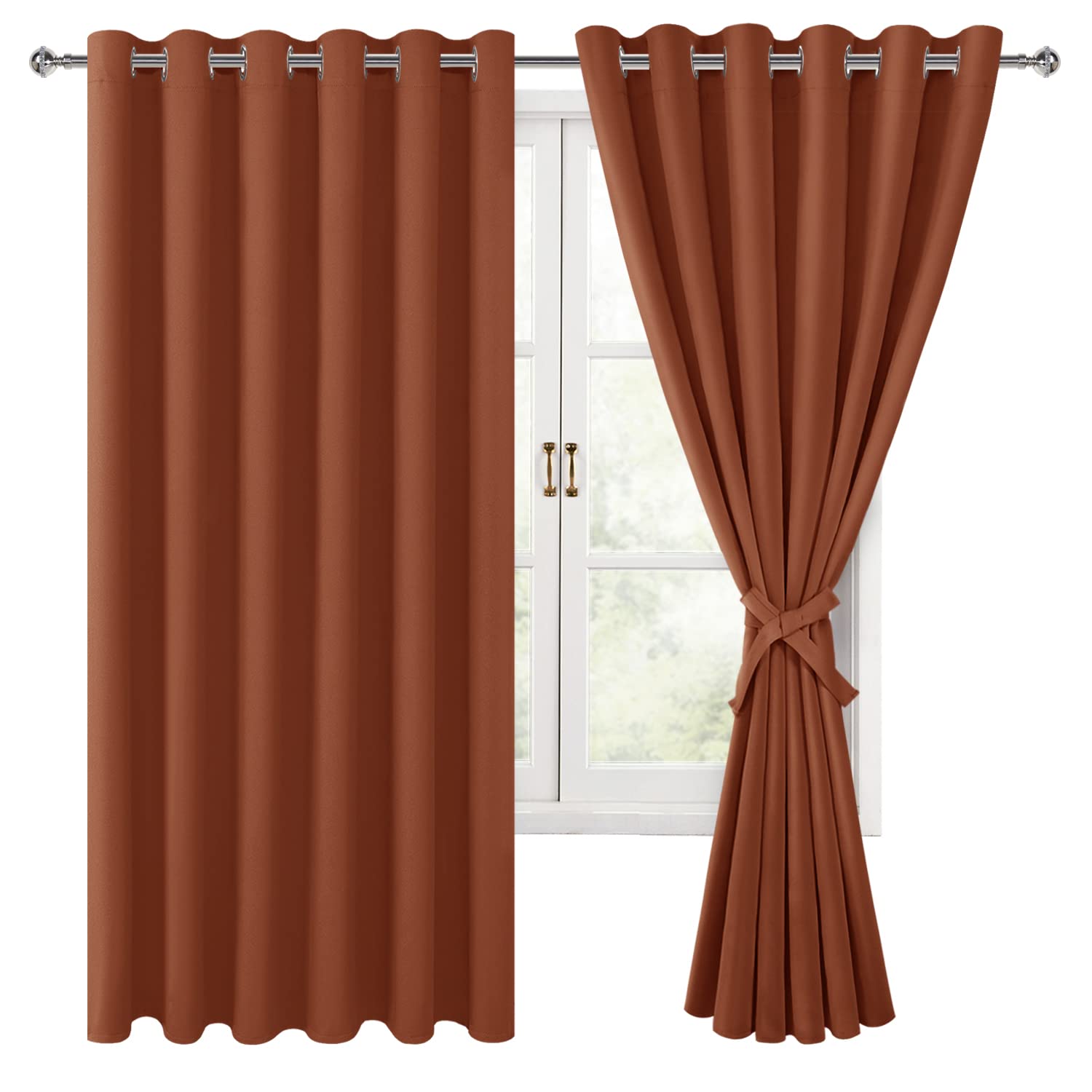 Hiasan Grommet Blackout Curtains For Bedroom, 70 X 63 Inches - Thermal Insulated & Light Blocking Window Drapes For Living Room/Dorm Room Fall Decor, Set Of 2 Panels Sewn With Tiebacks, Burnt Ochre