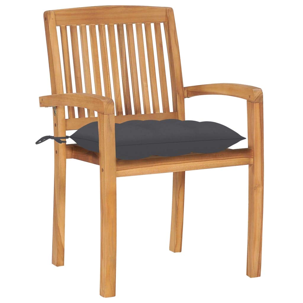 vidaXL Solid Teak Wood Stacking Patio Chairs-Set of 4 with Cushions, Rustic Charm Seating for Garden/Patio, Weather-Resistant with Comfort Cushions, Space-Efficient Stackable Design, Anthracite