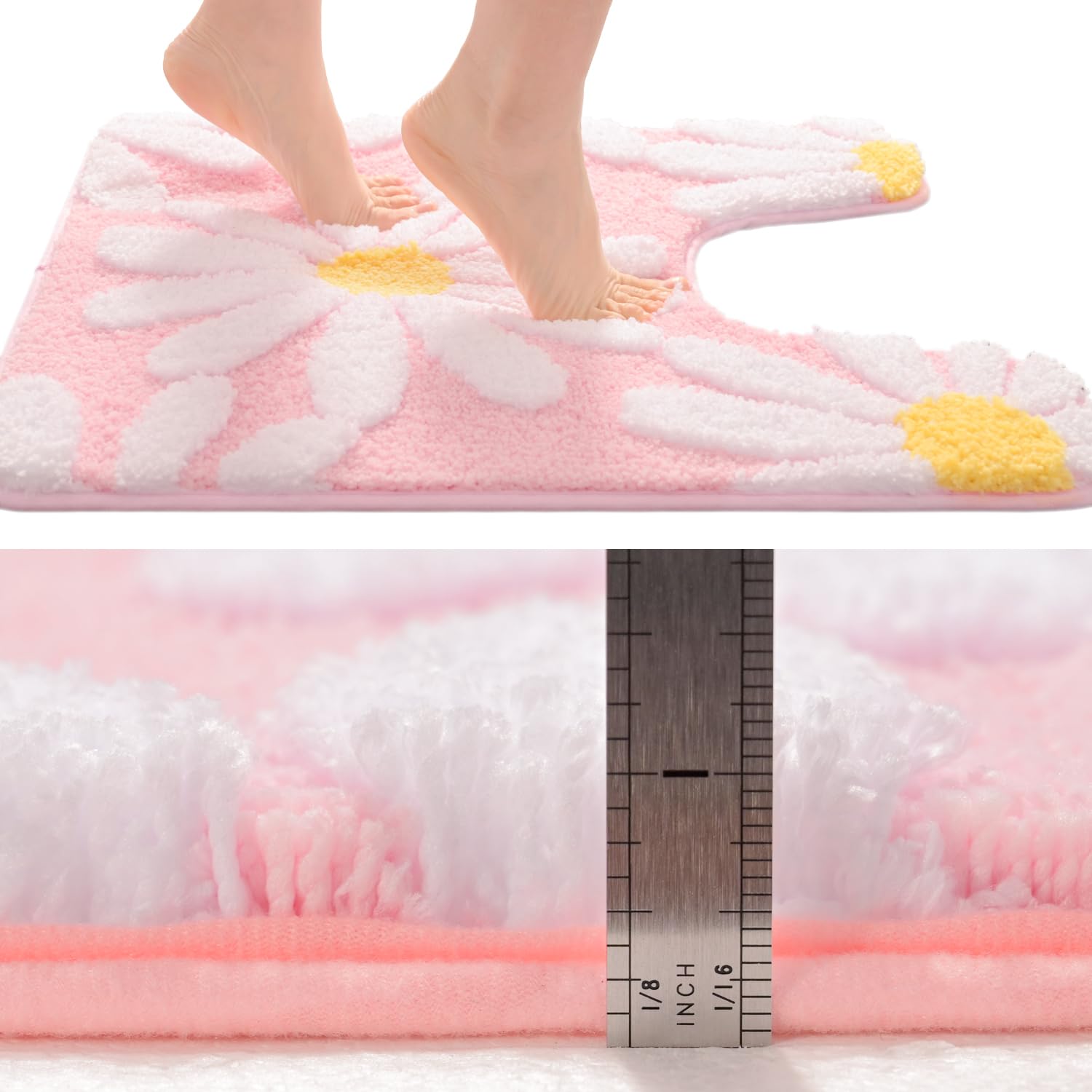 Qjhomo Toilet Rugs U Shaped, Pink Toilet Mat Cute Daisy Contour Bath Rug 20''X20'', Extra Thick Soft Machine Washable Toilet Car