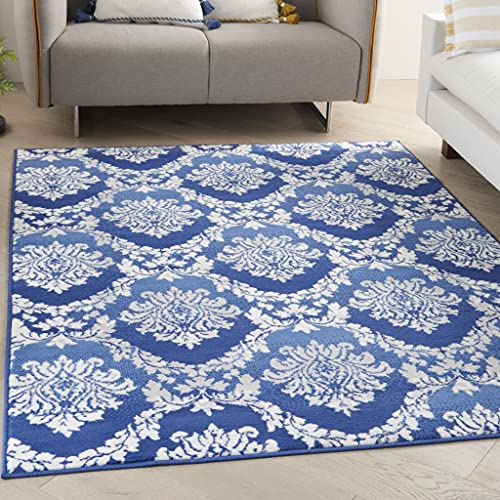 HomeRoots 100% Polypropylene 4’ x 6’ Blue and Ivory Damask Area Rug