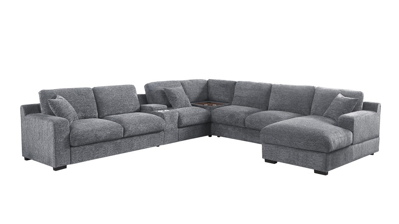 Celine Light Gray Chenille Fabric Corner Sectional Sofa with RightFacing Chaise, Cupholders, and Charging Ports