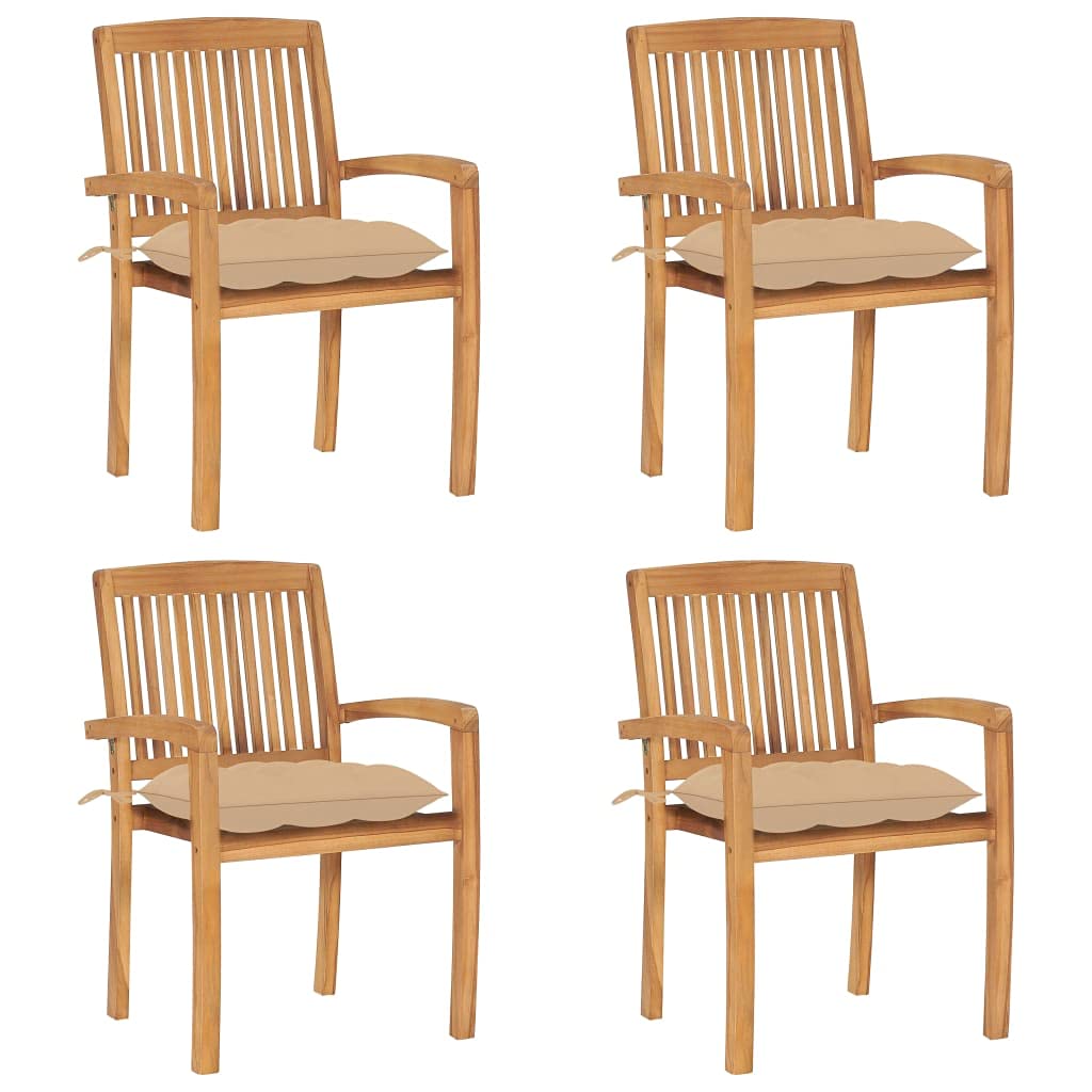 Vidaxl 4 Pcs Patio Chairs With Cushions - Stacking Outdoor Chairs Set, Solid Teak Wood - Weather-Resistant & Space-Saving Garden Furniture - Fine Sanded Finish - Beige Cushions Included