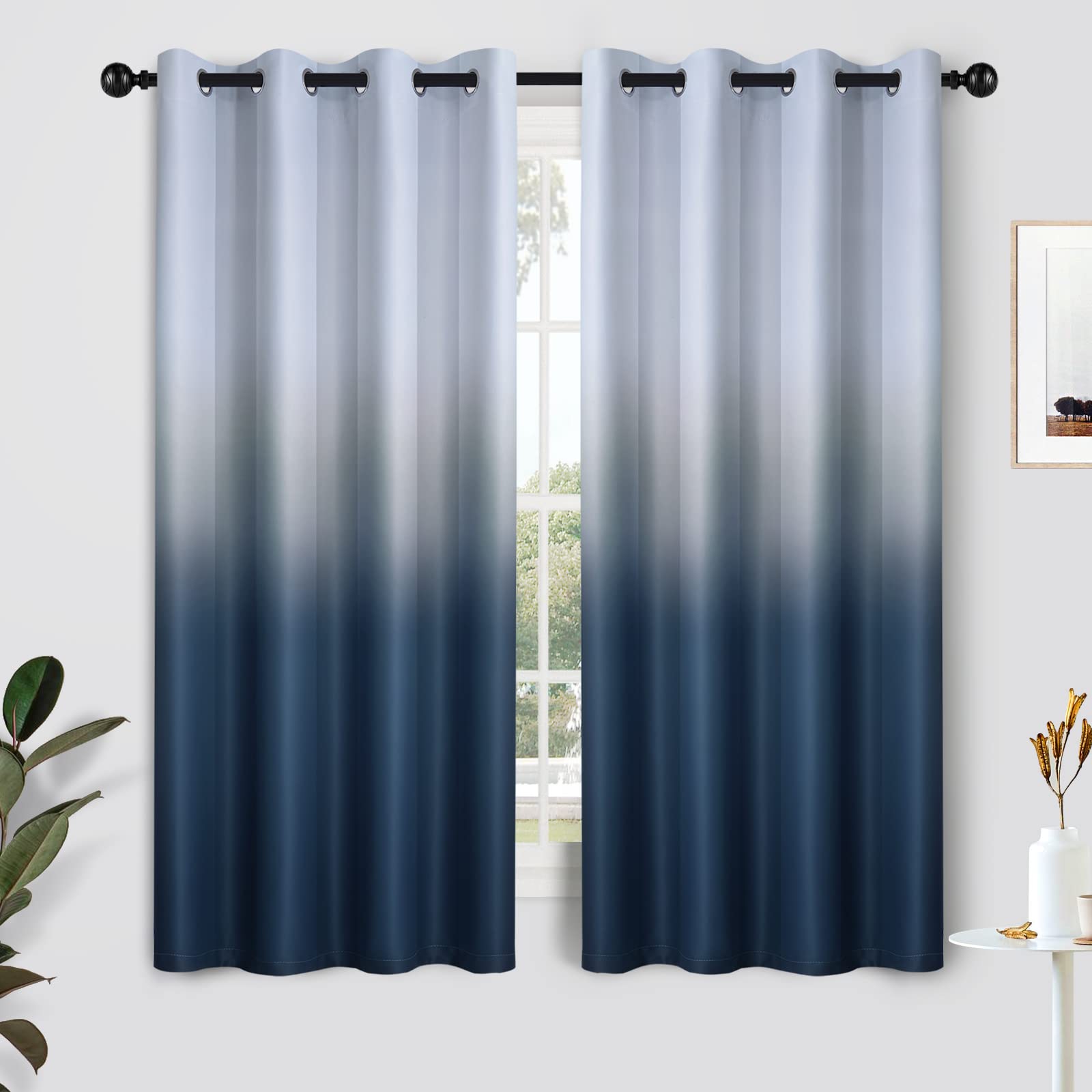 Simplehome Ombre Curtains 52 X 63 Inch For Bedroom 2 Panels, Gradient Grey White To Navy Blue Light Blocking Thermal Insulated G