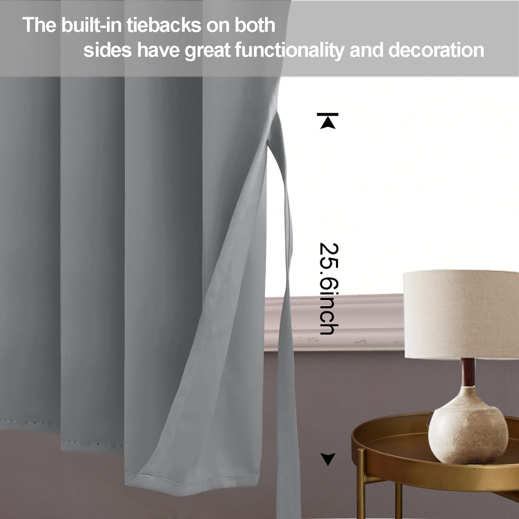 Jiuzhen Short Curtains Kitchen Half Window Blackout Curtains With Tiebacks For Baseroom Shadows, Grommet Curtains For Living Room, Set Of 2 Window Curtain Panels, 52 X 30 Inch Length,Light Grey