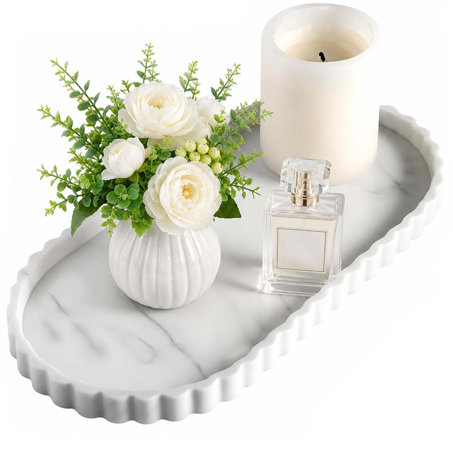 Hasthip Silicone Vanity Tray White Marble Lace Edge Countertop Organizer