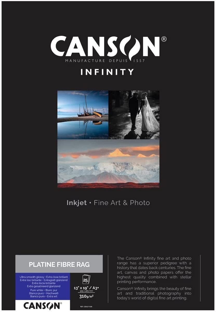Canson Infinity Platine Fibre Rag 310Gsm, Natural White Smooth Inkjet Paper, A3+, Box Of 25 Sheets