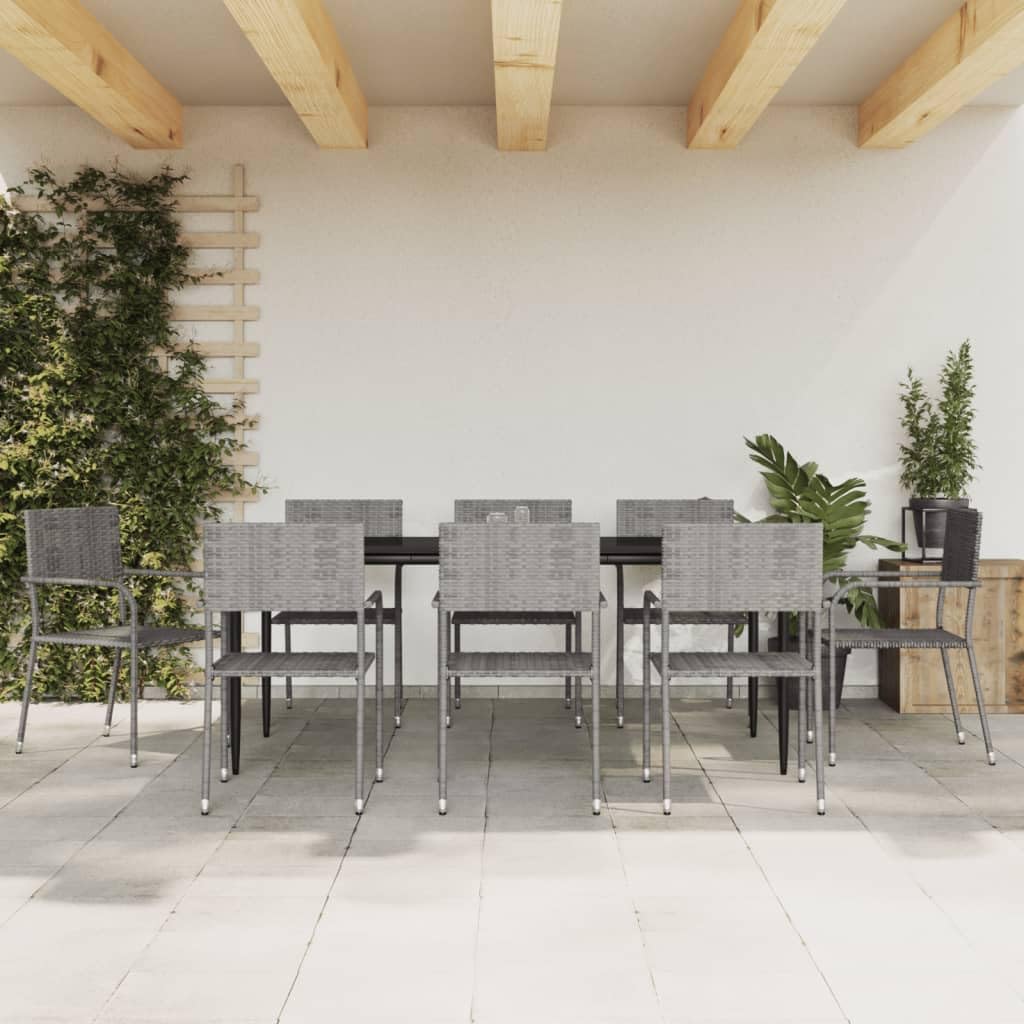 vidaXL 9-Piece Patio Dining Set - Poly Rattan and Steel Construction in Gray and Black with Tempered Glass Tabletop, Lightweight Stackable Chairs