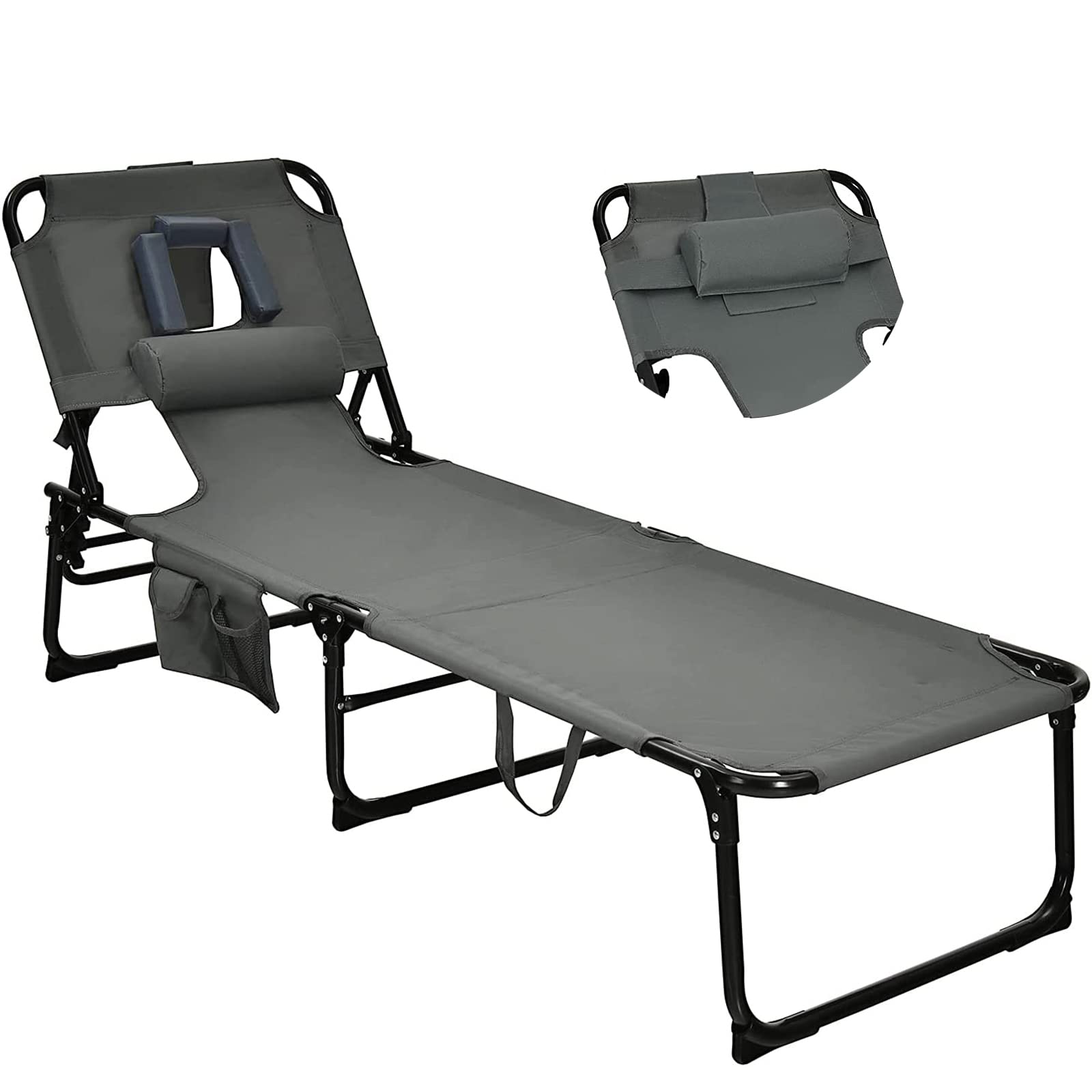 Goplus Tanning Chair, Folding Beach Lounge Chair With Face &Arm Hole, 5-Position Adjustable,Removable Pillow,Side Pocket, Sunbathing Chair, Portable Outdoor Lounge Chair For Patio Pool Lawn (1, Gray)