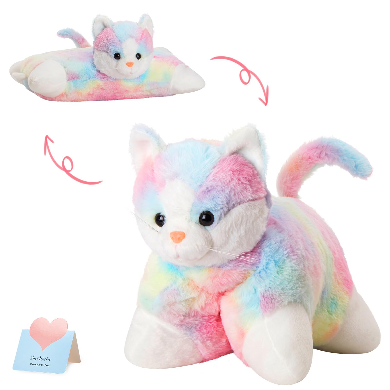 Glow Guards 16' Rainbow Cat Plush Pillow,Cute Kitty Stuffed Animal Soft Lovely Colorful Toy,Bedtime Sofa Decors,Christmas Birth