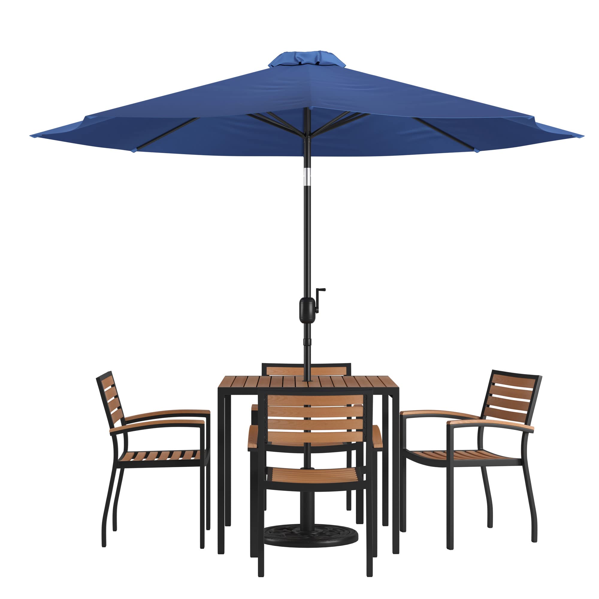 Flash Furniture Lark 7 Piece Outdoor Patio Dining Table Set - 4 Synthetic Teak Stackable Chairs with Arms - 35&quot; Square Table - Navy Umbrella with Base