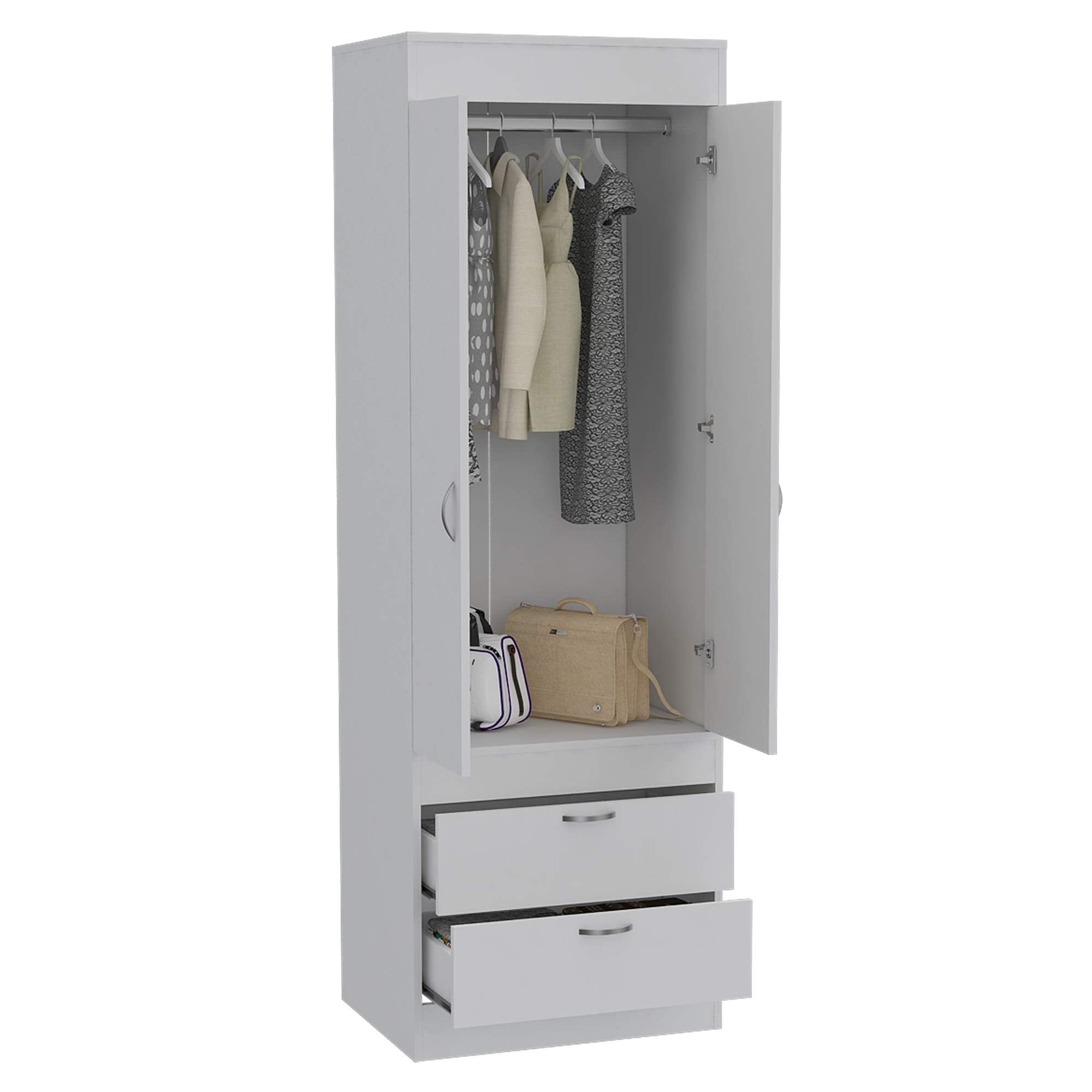 DEPOT E-SHOP Portugal Armoire with Double Door Cabinet, Two Drawers, Metal Handles, Rod, 70&quot; H, White, Bedroom
