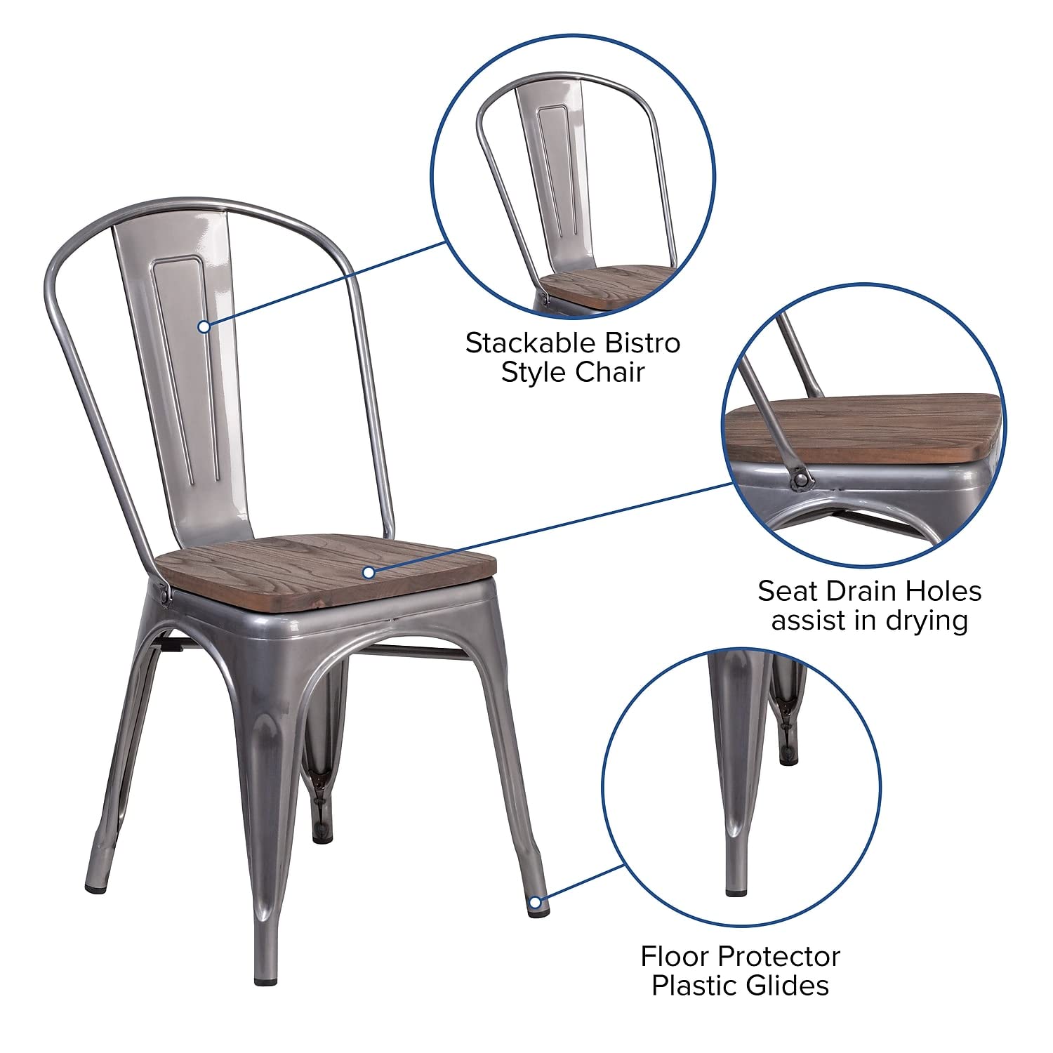 Flash Furniture Lincoln Clear Coated Metal Stackable Chair With Wood Seat